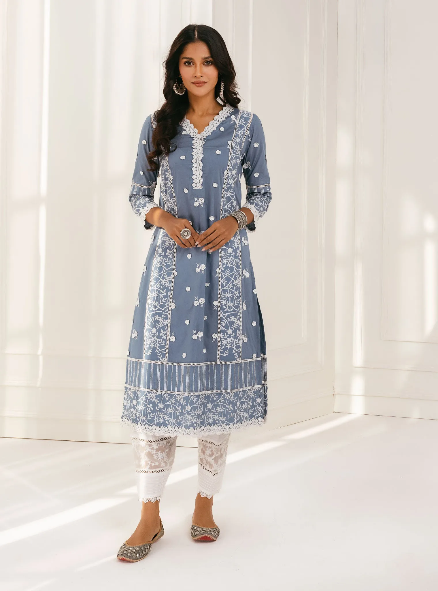 Mulmul Cotton Kaza Blue Kurta