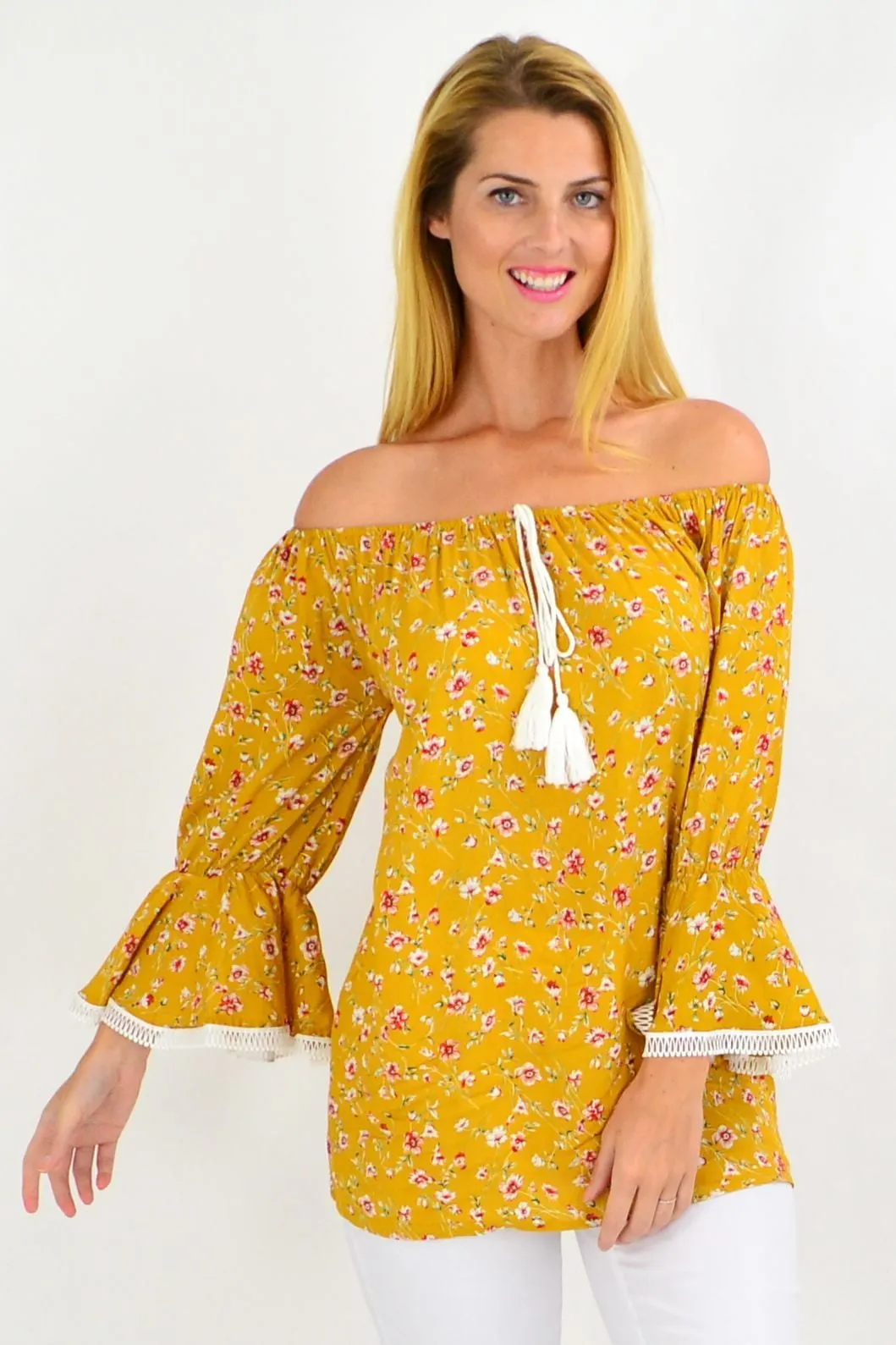 Mustard Floral Tassel Off shoulder Tunic Top