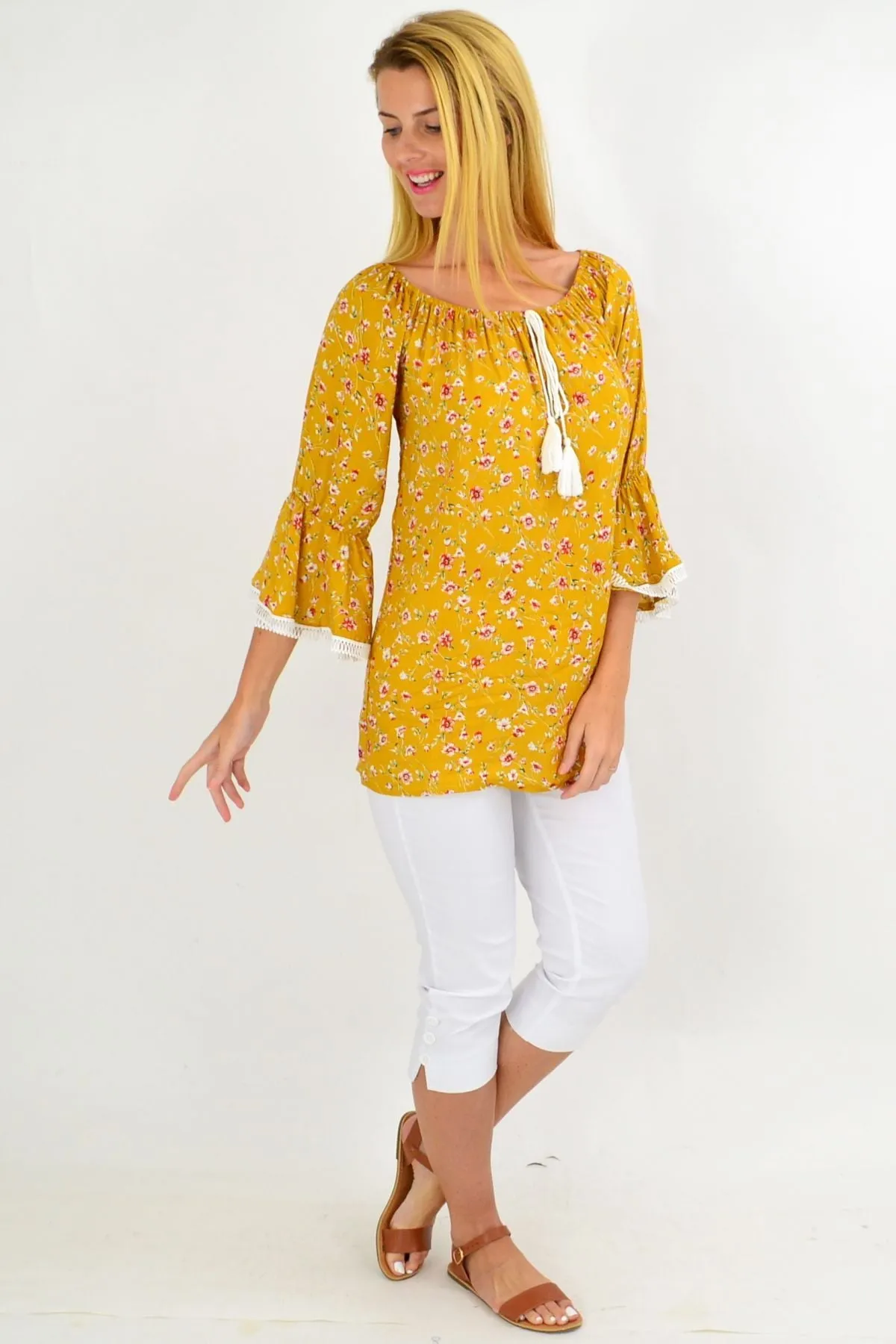 Mustard Floral Tassel Off shoulder Tunic Top