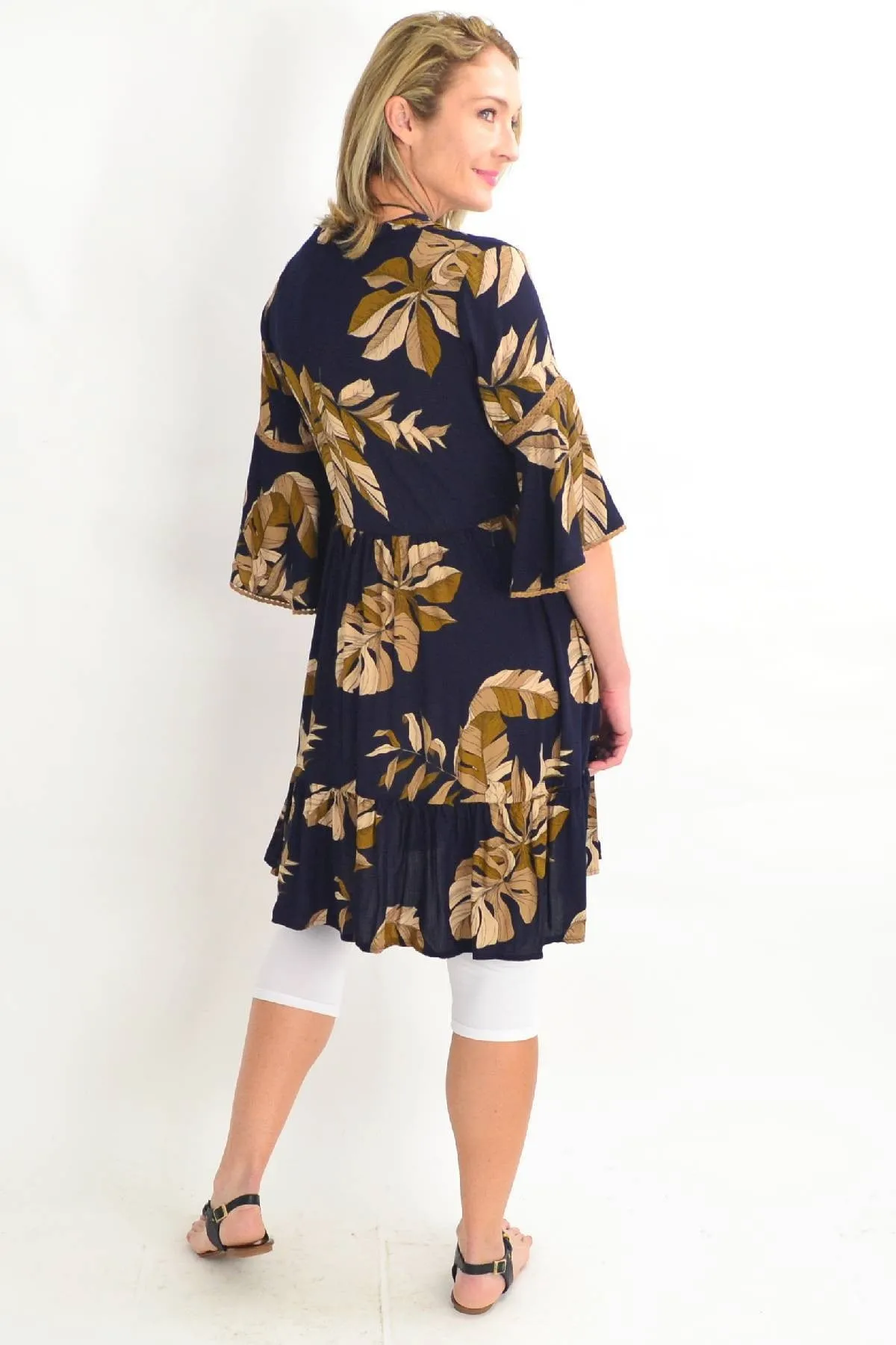 Navy Bell Cuff Tropical Leaf Tunic Dress