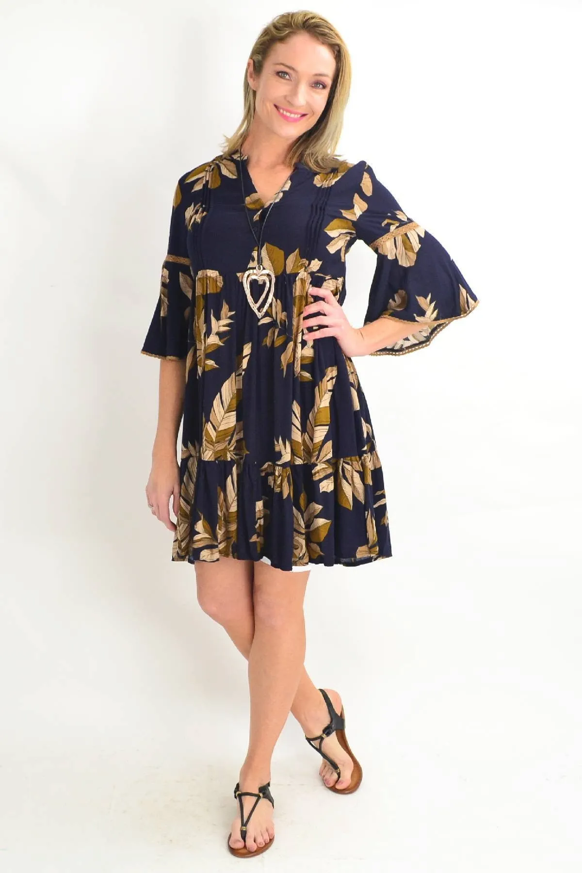 Navy Bell Cuff Tropical Leaf Tunic Dress