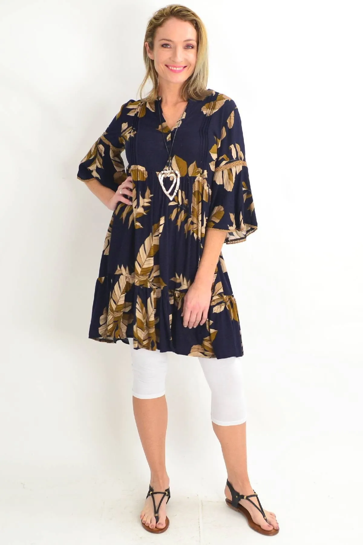 Navy Bell Cuff Tropical Leaf Tunic Dress