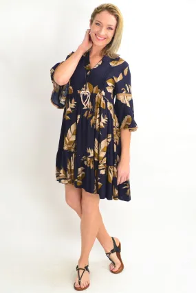 Navy Bell Cuff Tropical Leaf Tunic Dress