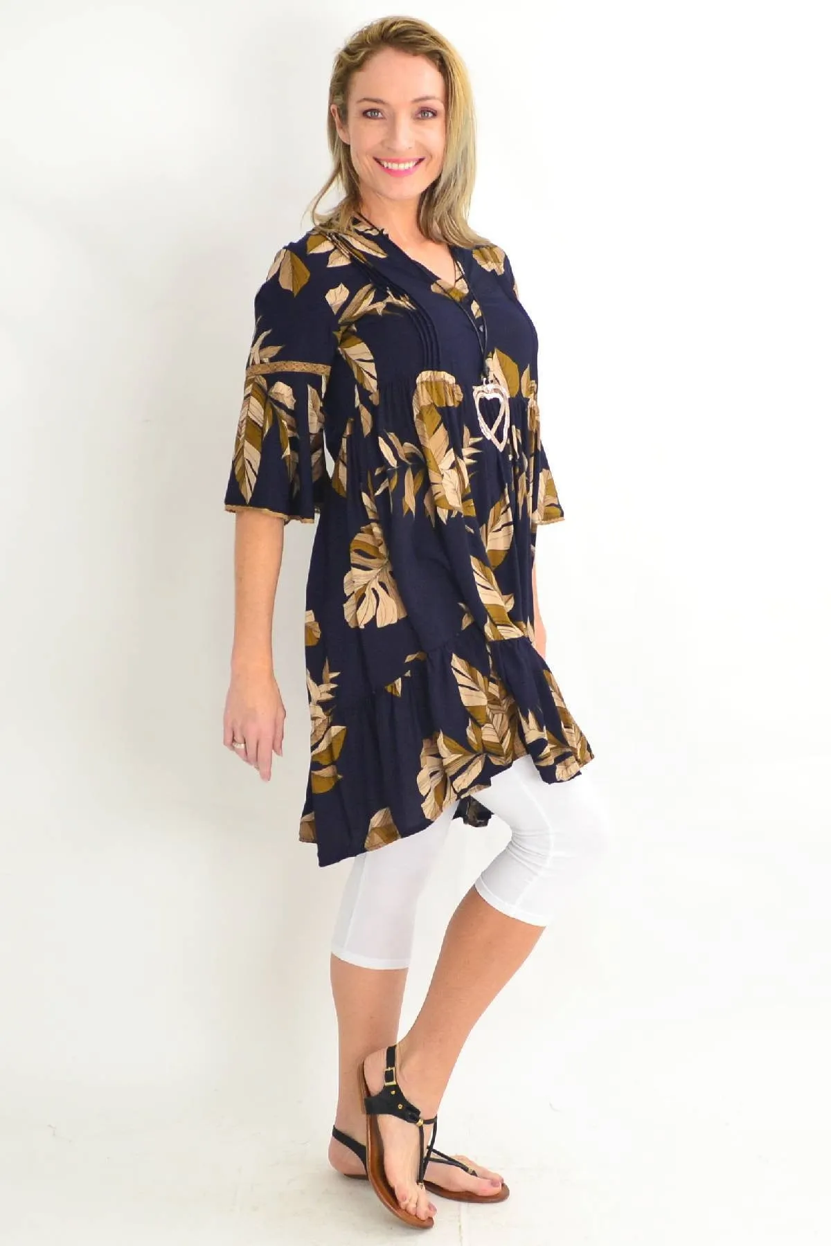 Navy Bell Cuff Tropical Leaf Tunic Dress