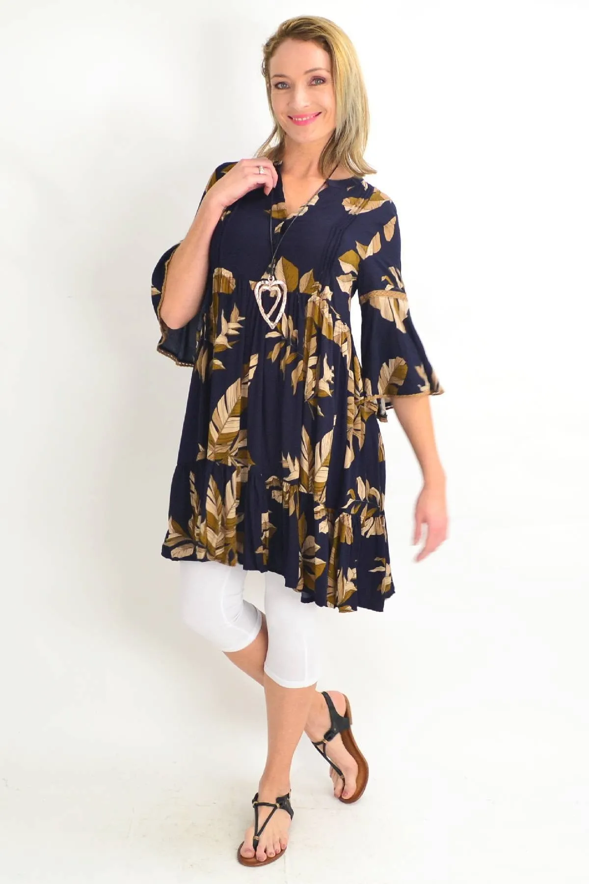 Navy Bell Cuff Tropical Leaf Tunic Dress