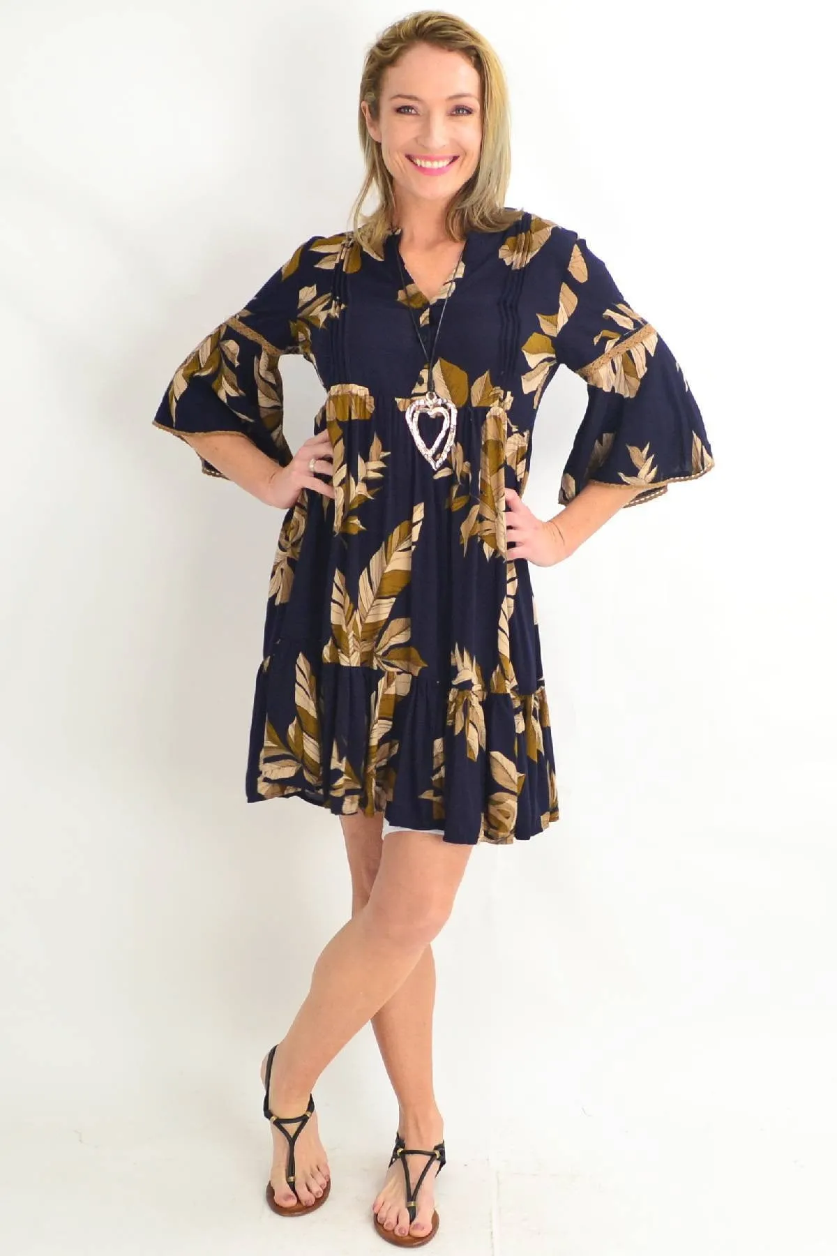 Navy Bell Cuff Tropical Leaf Tunic Dress