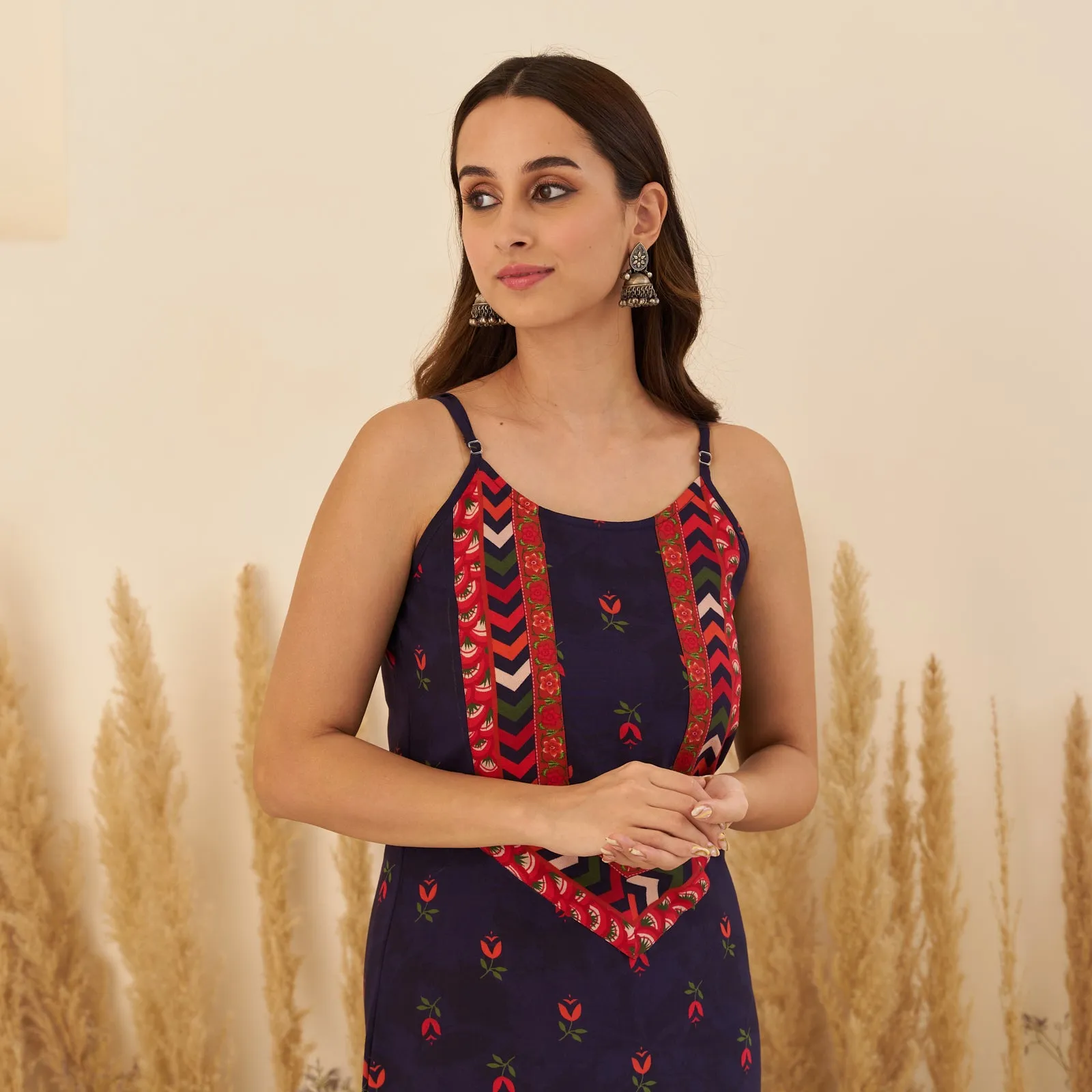 Navy Blue A-Line Spaghetti Dress with Floral Shrug