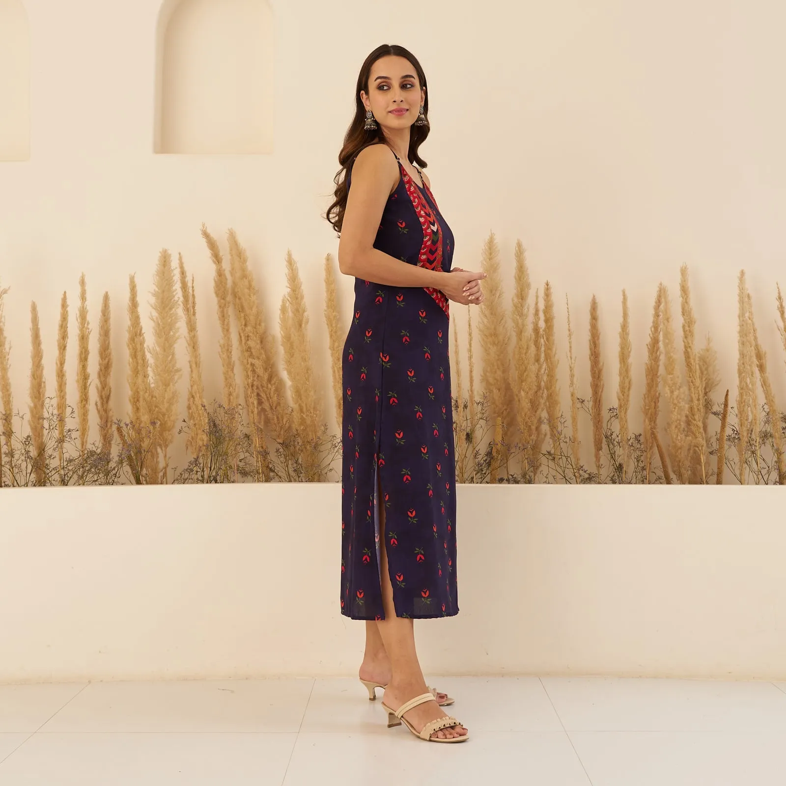 Navy Blue A-Line Spaghetti Dress with Floral Shrug