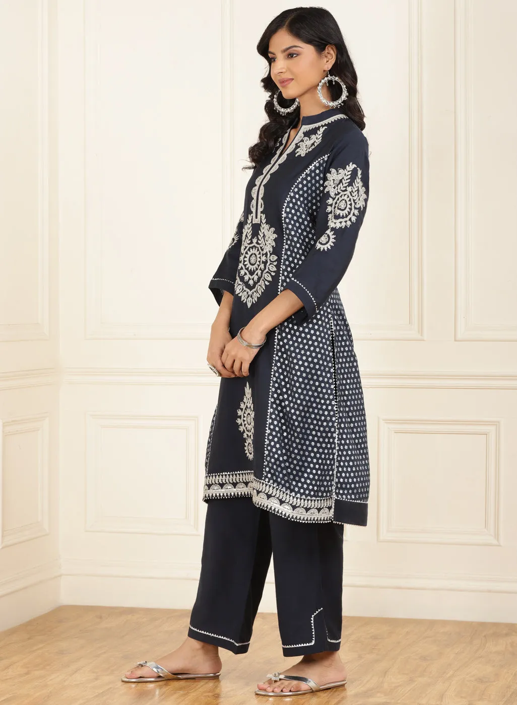 Navy Blue Embroidered Chanderi Kurta Set with Gota Lace Detailing