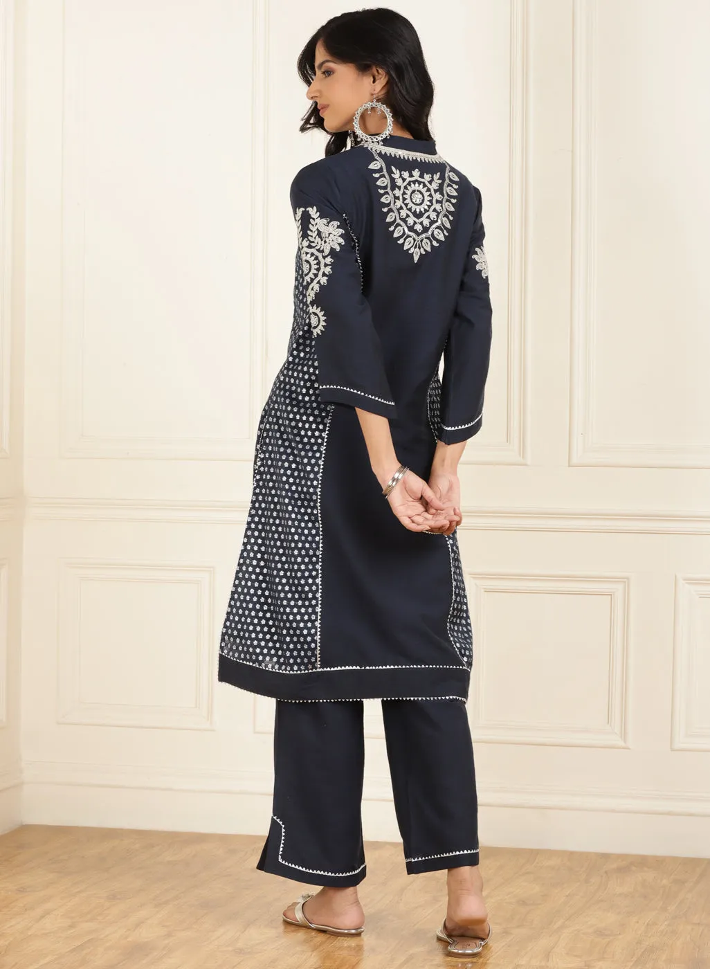 Navy Blue Embroidered Chanderi Kurta Set with Gota Lace Detailing