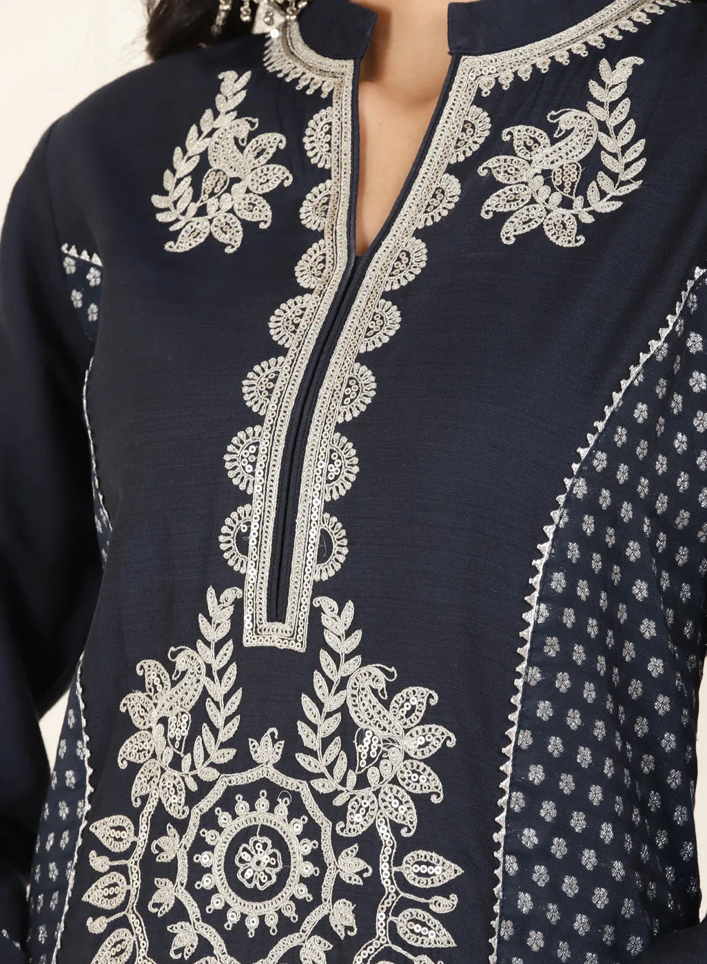 Navy Blue Embroidered Chanderi Kurta Set with Gota Lace Detailing