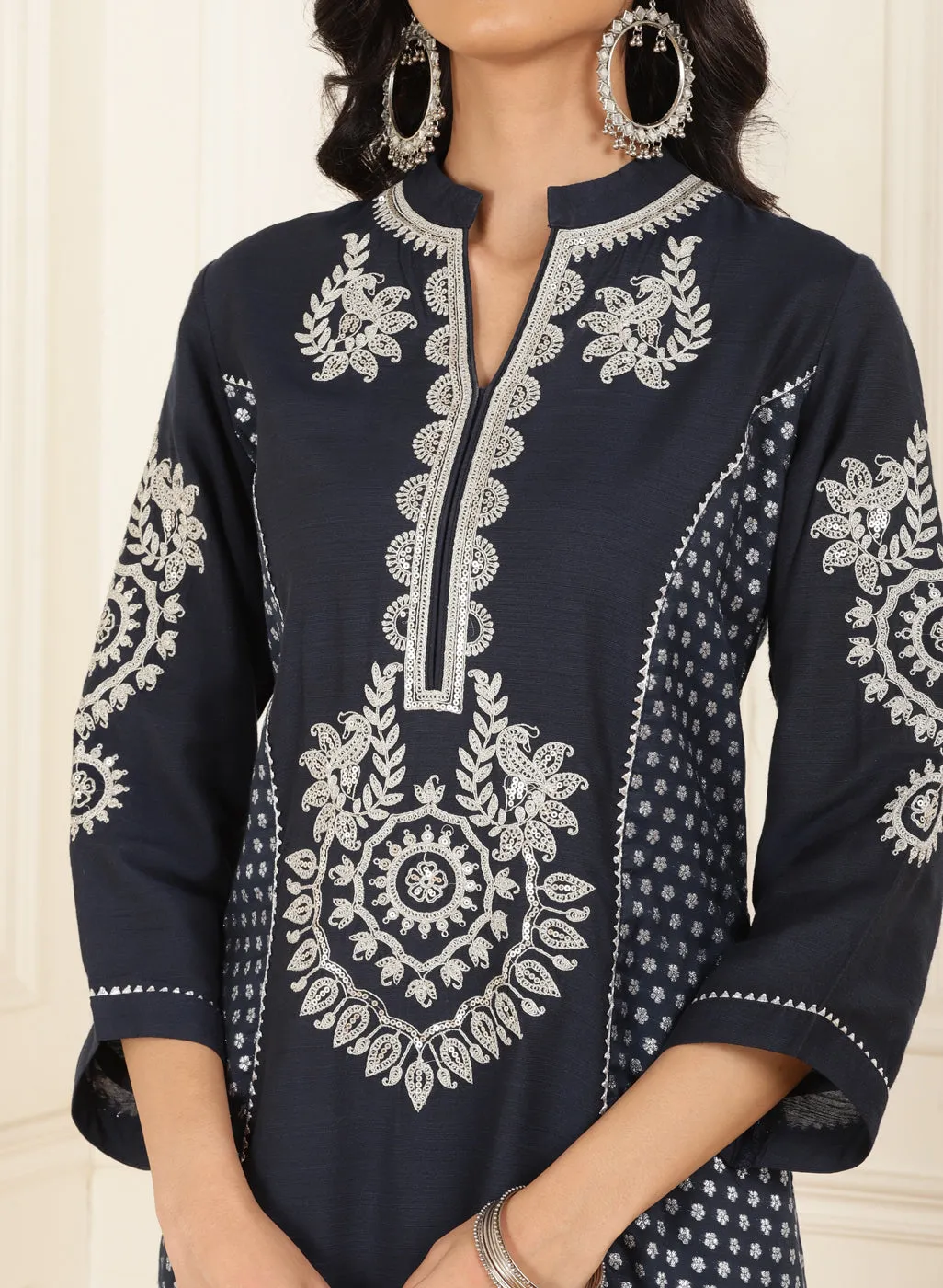 Navy Blue Embroidered Chanderi Kurta Set with Gota Lace Detailing