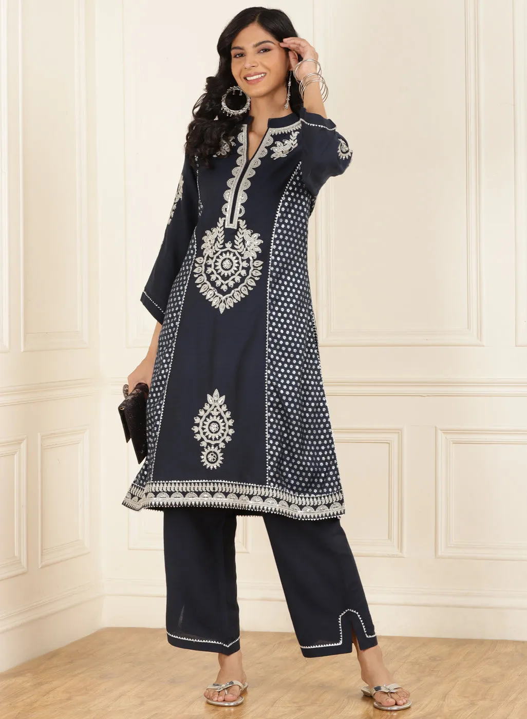 Navy Blue Embroidered Chanderi Kurta Set with Gota Lace Detailing