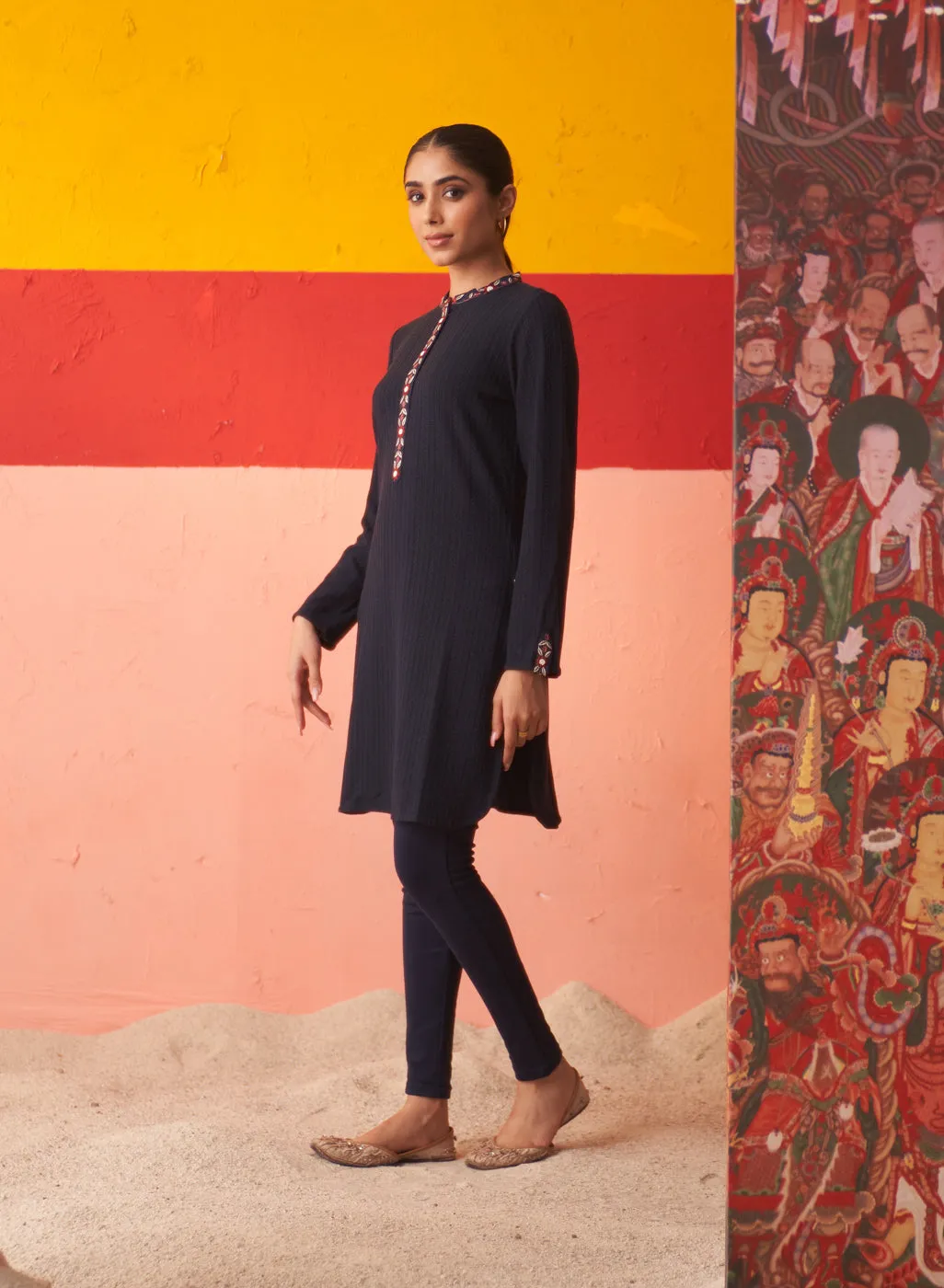 Navy Blue Woollen Kurta for Women with Threadwork