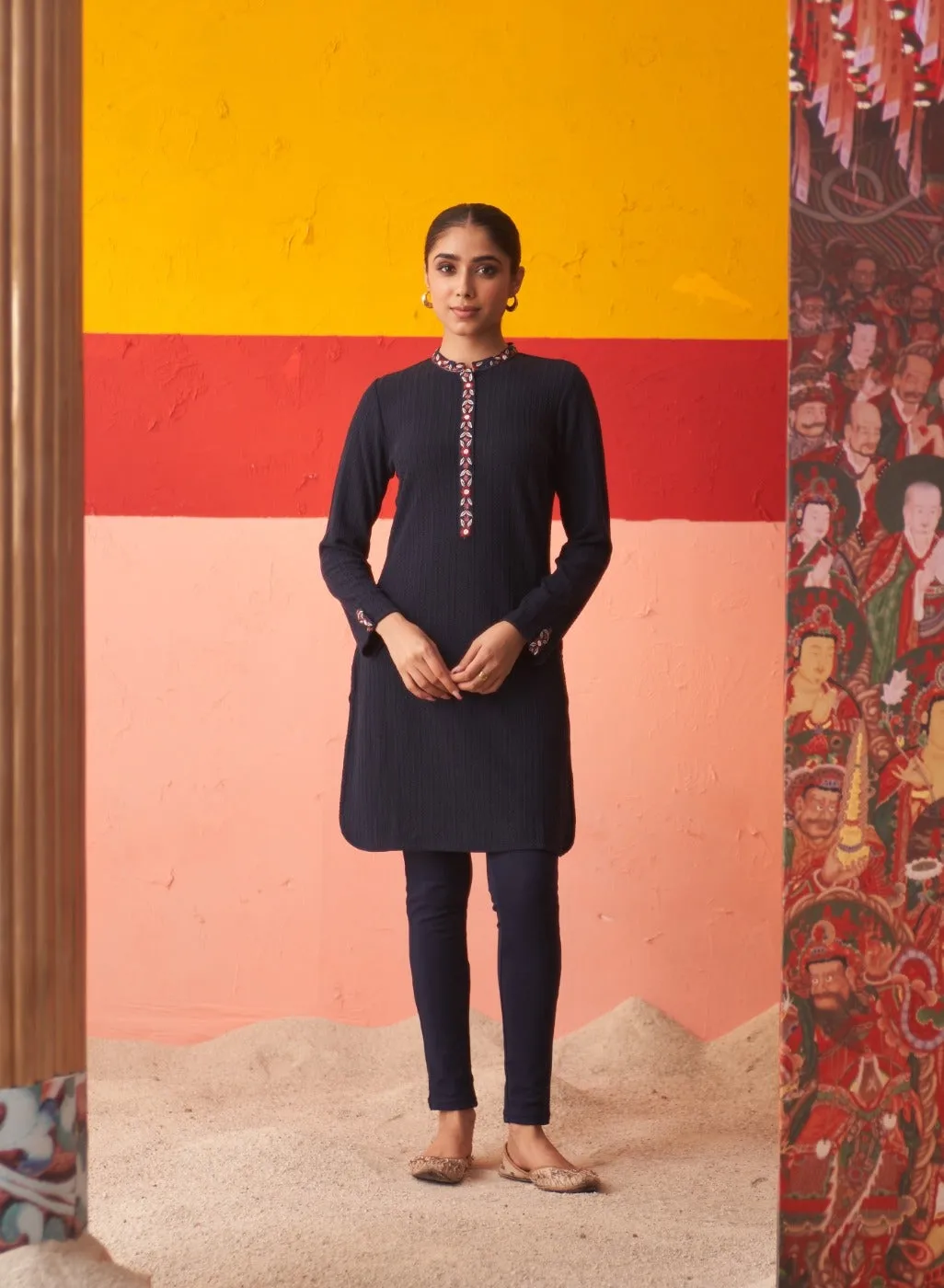 Navy Blue Woollen Kurta for Women with Threadwork