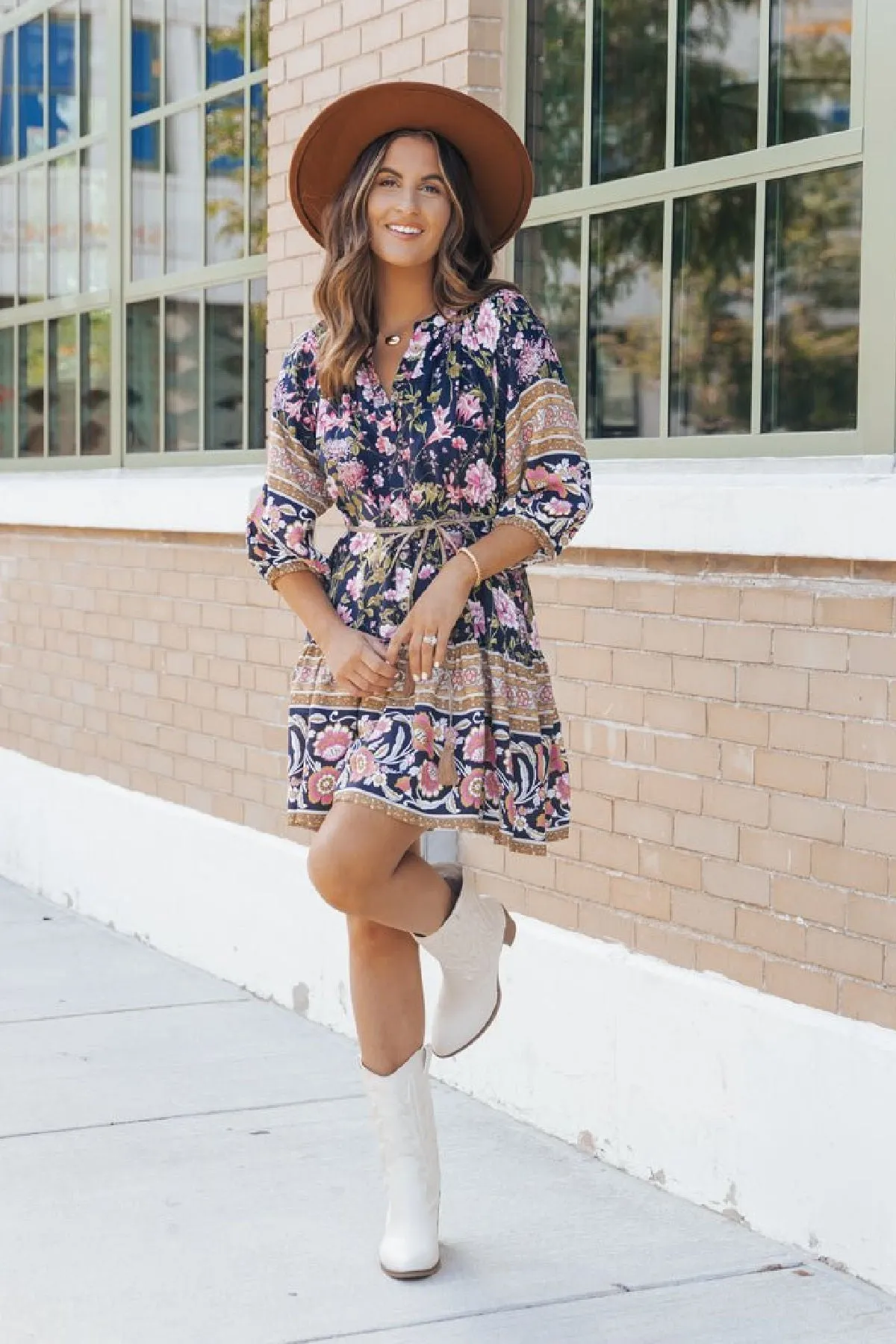 Navy Border Print Belted Mini Dress - FINAL SALE