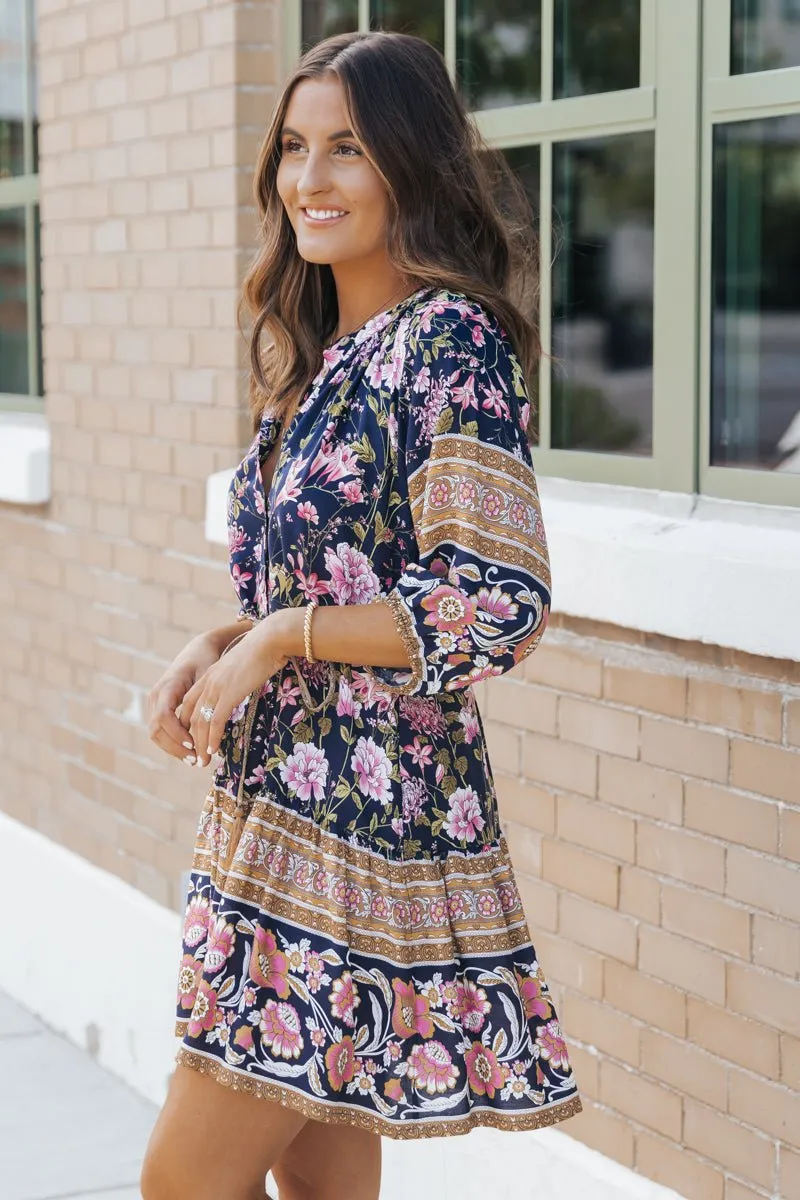 Navy Border Print Belted Mini Dress - FINAL SALE