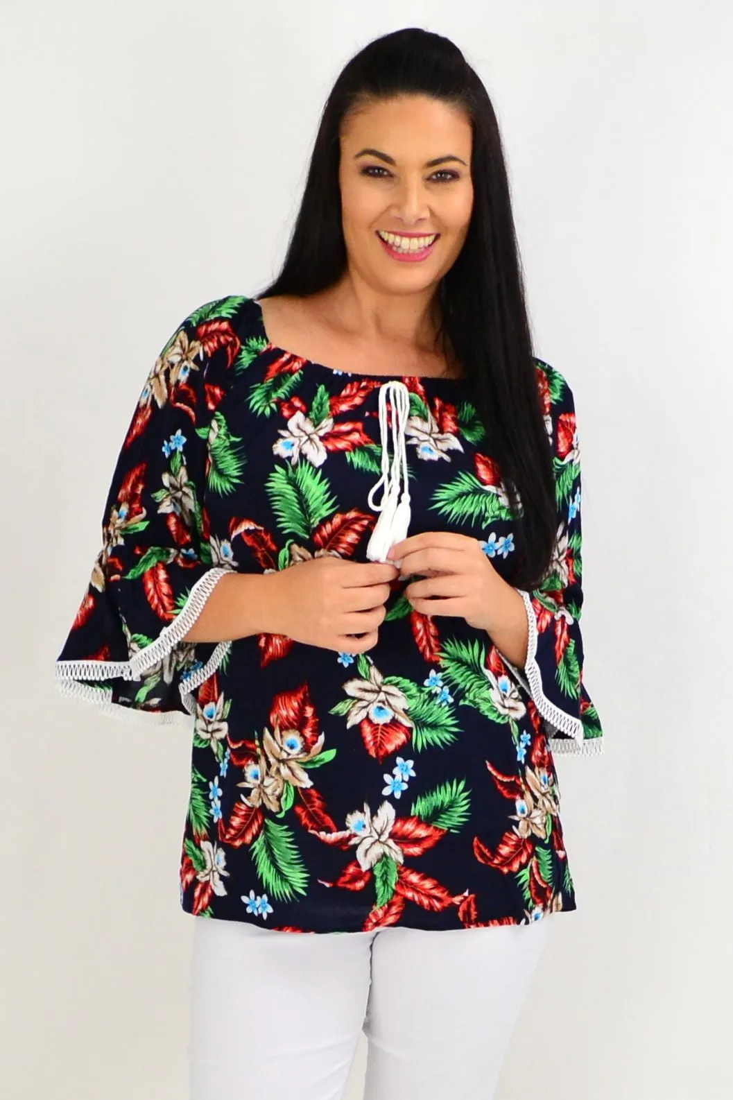 Navy Tropical Tassel Off shoulder Tunic Top