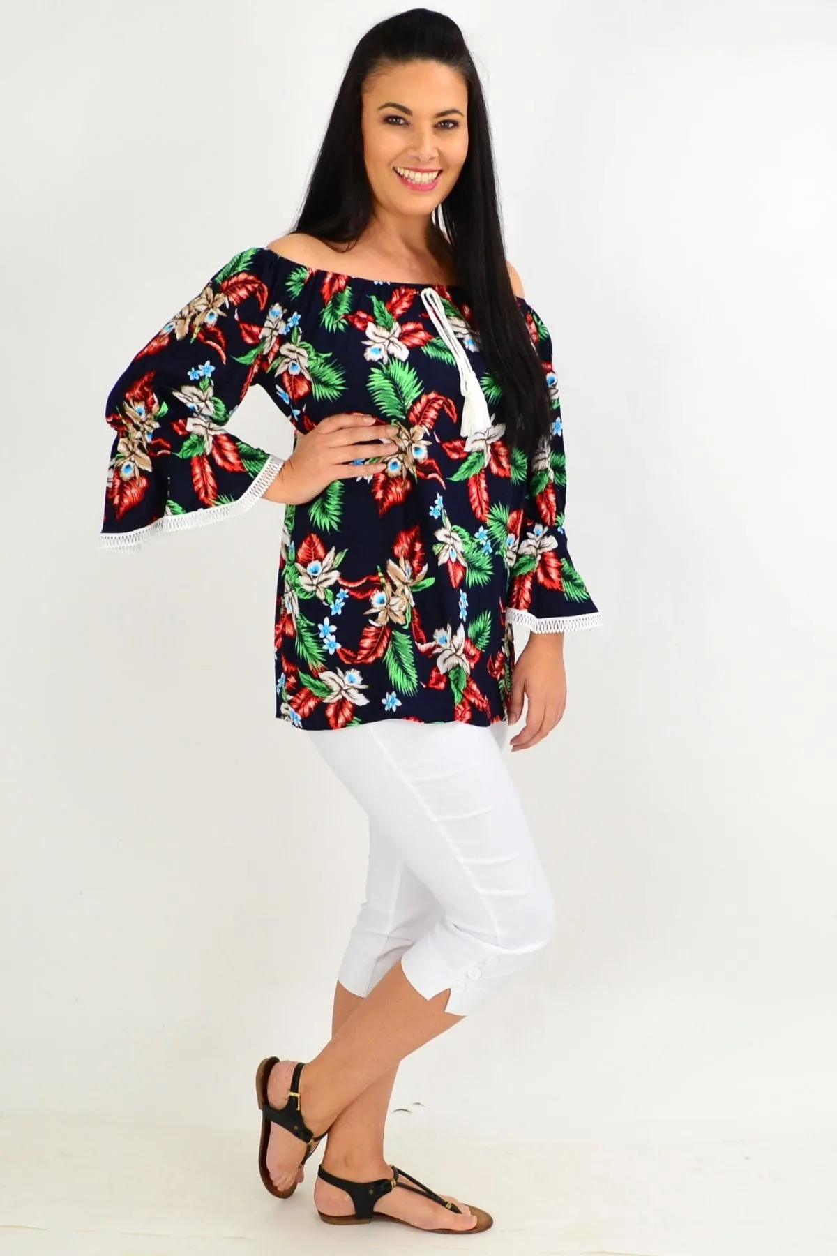 Navy Tropical Tassel Off shoulder Tunic Top