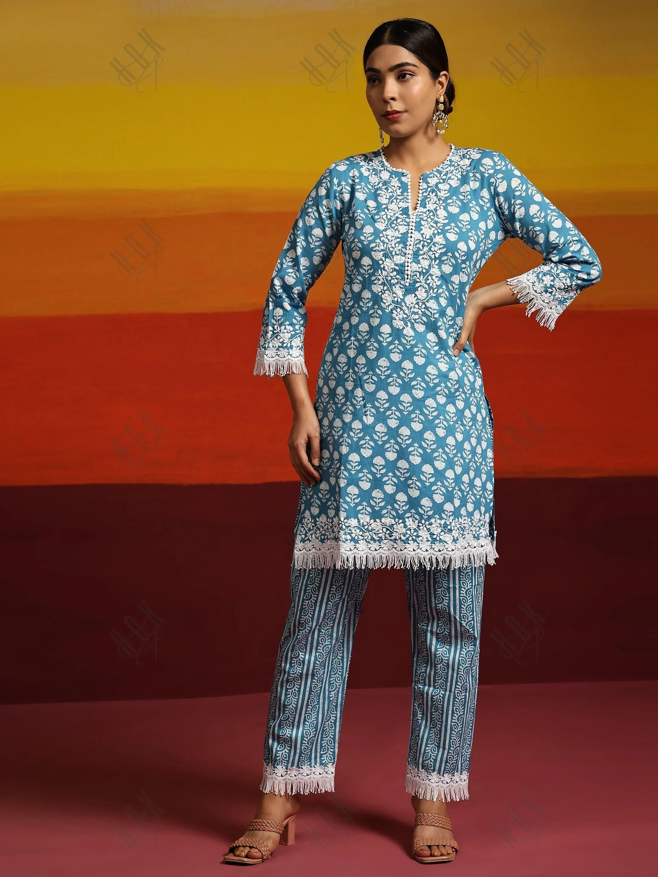 Nikki in House of kari Chikankari Co-ord set in Cotton for Women- Blue