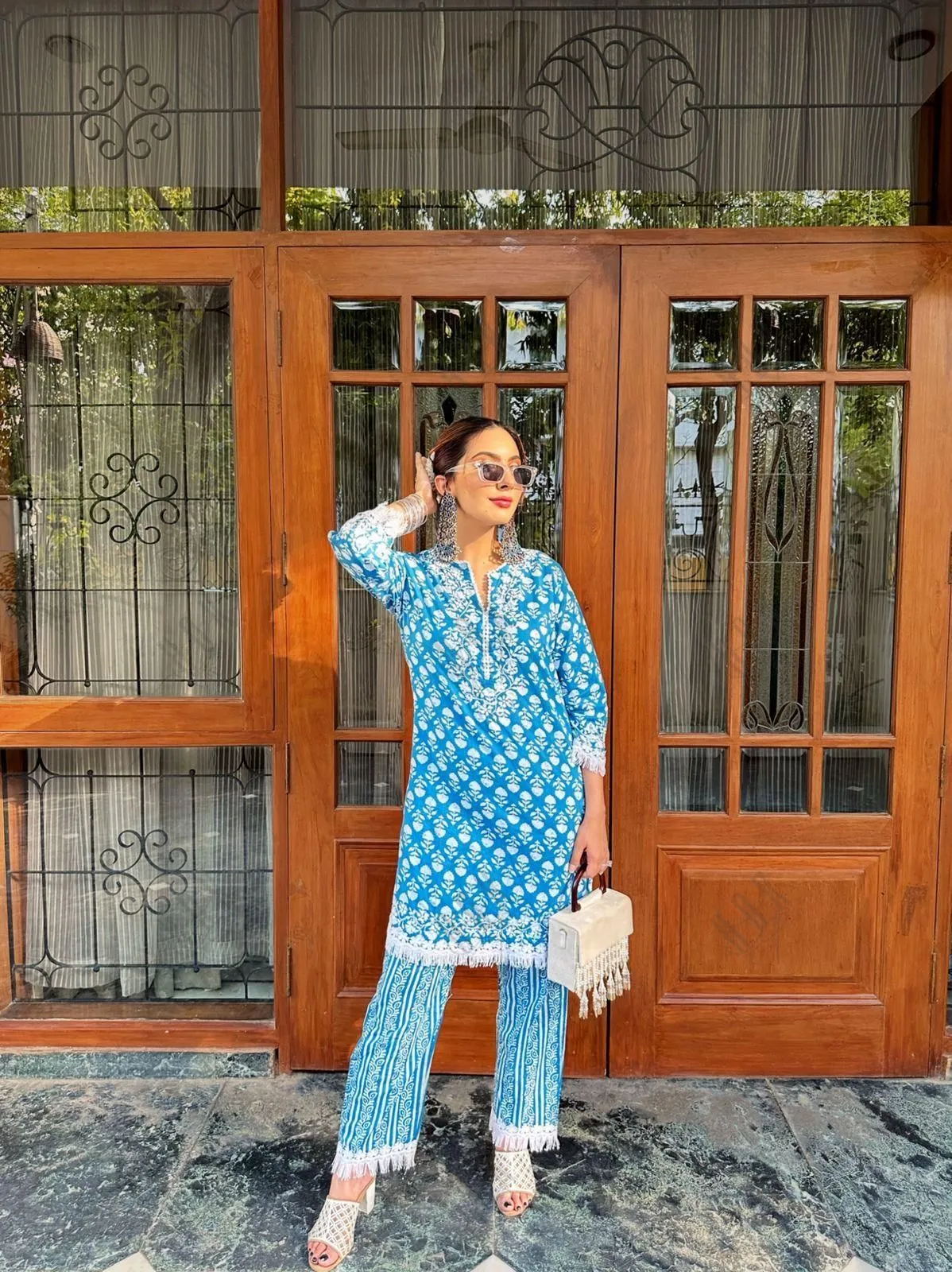 Nikki in House of kari Chikankari Co-ord set in Cotton for Women- Blue