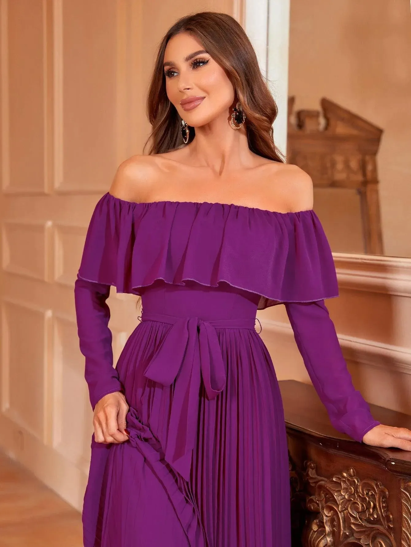 Off Shoulder Pleated Chiffon Belted Dress