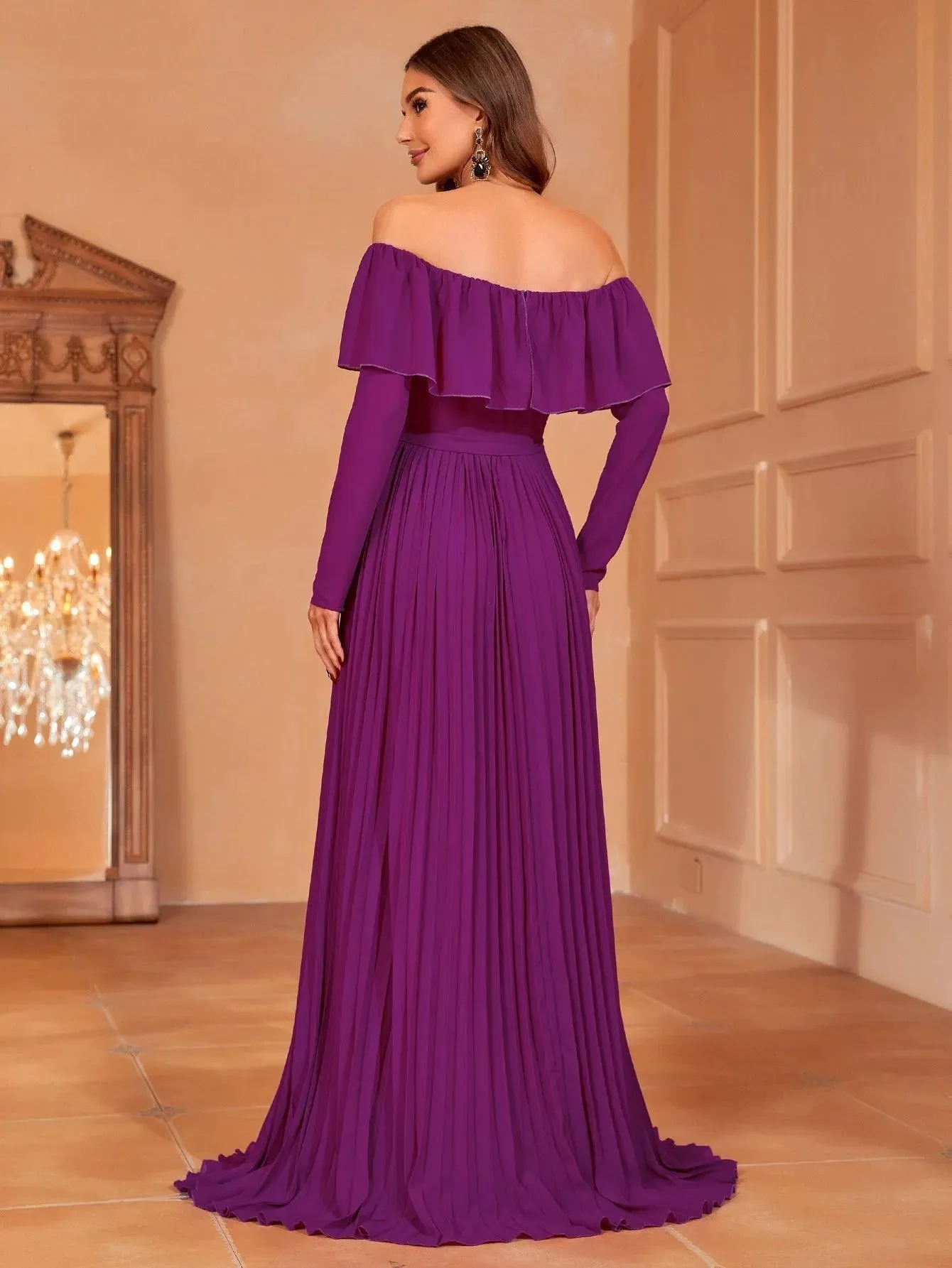 Off Shoulder Pleated Chiffon Belted Dress