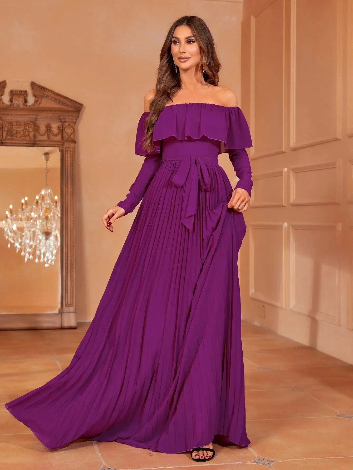 Off Shoulder Pleated Chiffon Belted Dress