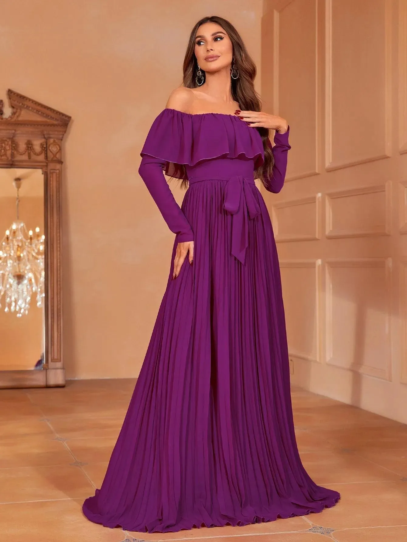 Off Shoulder Pleated Chiffon Belted Dress