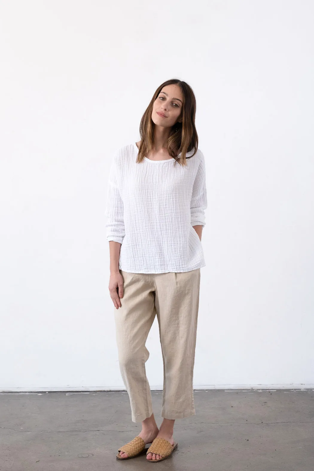 Organic Gauze Long Sleeve Top in Salt