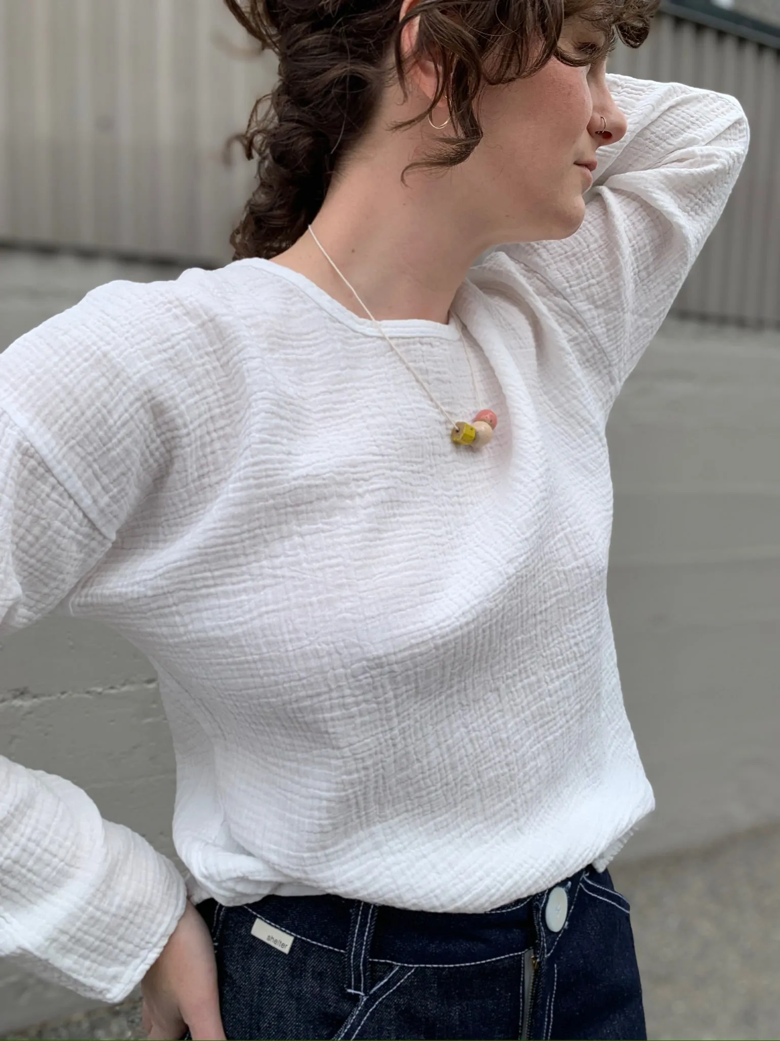 Organic Gauze Long Sleeve Top in Salt