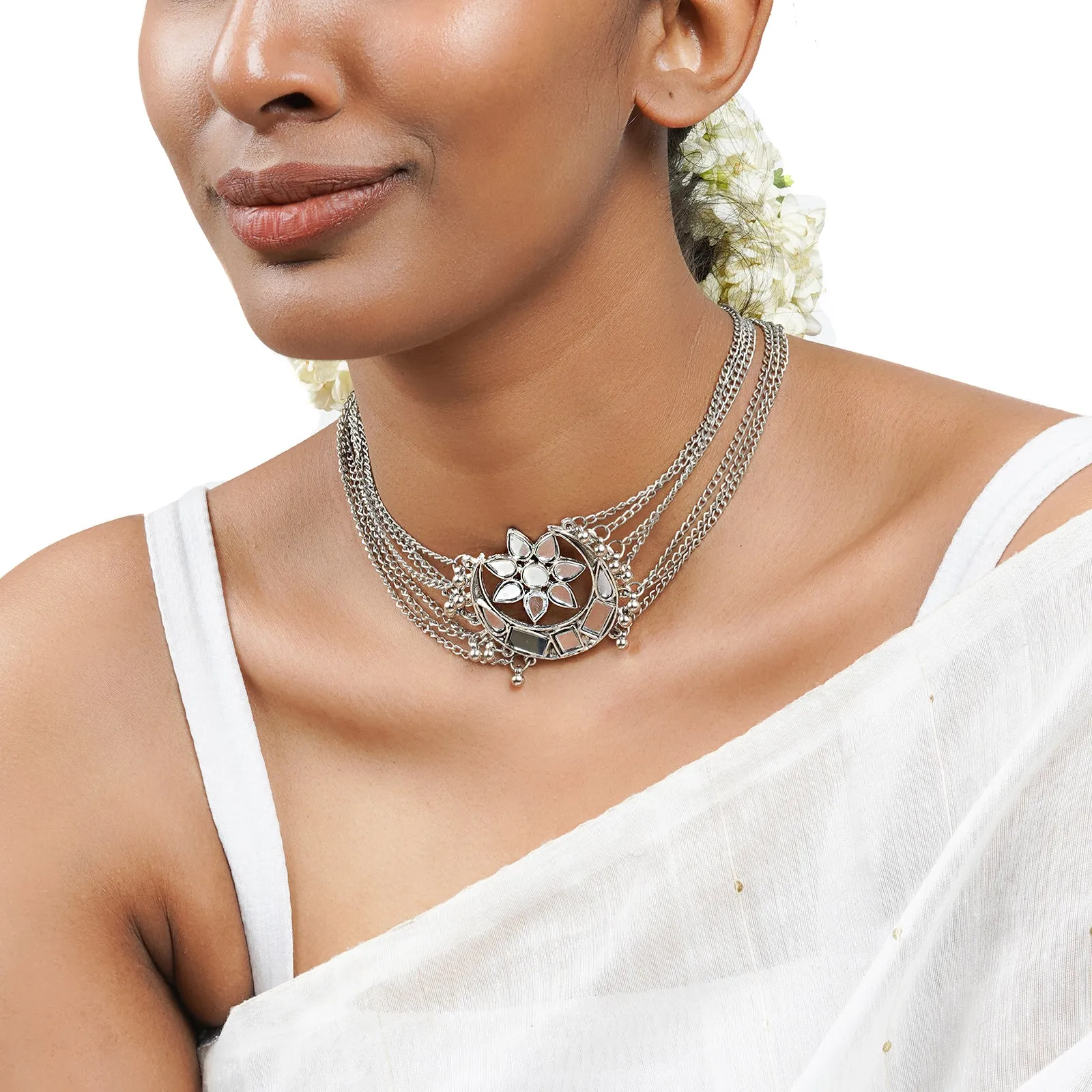 Palak Silver Oxidized Mirror Necklace