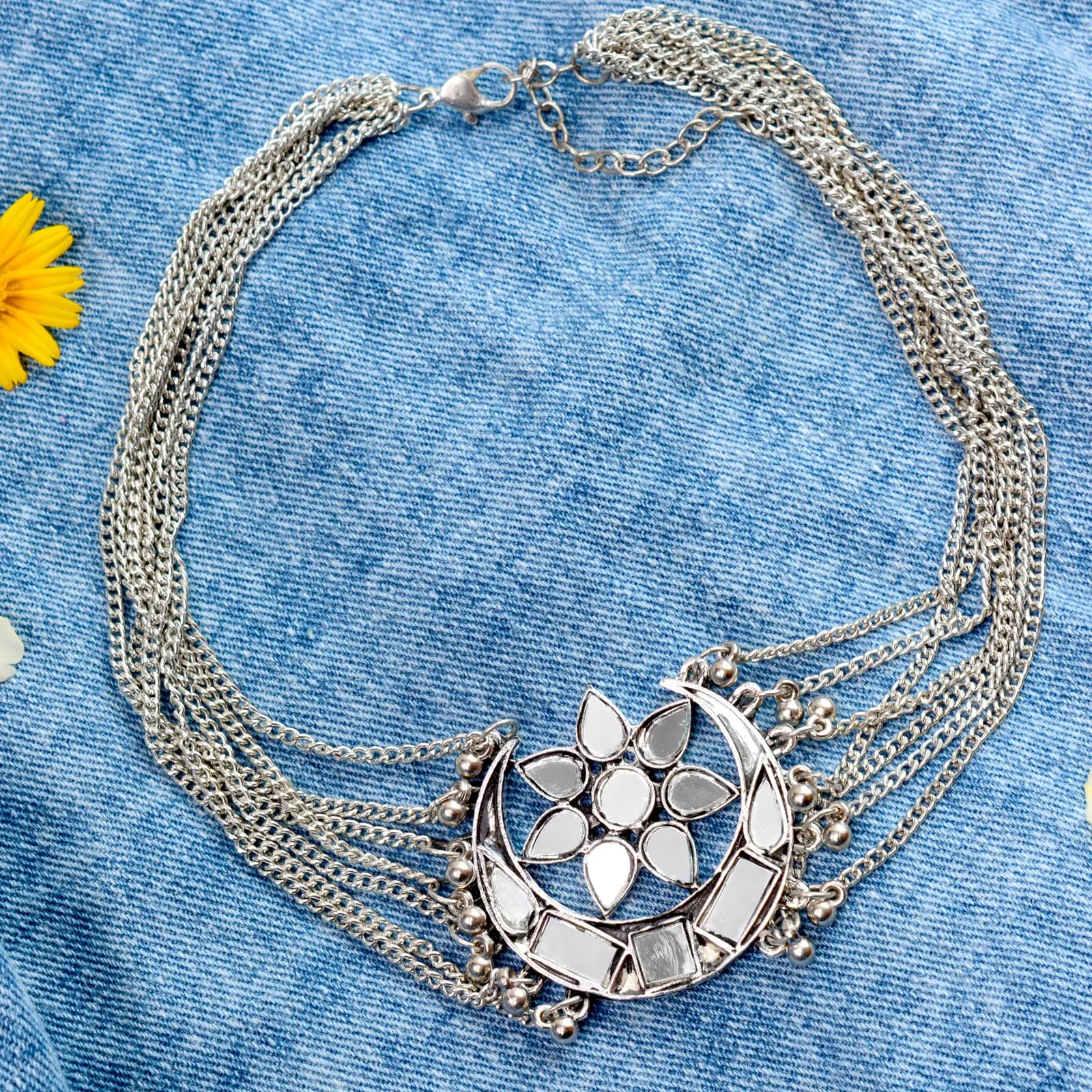 Palak Silver Oxidized Mirror Necklace