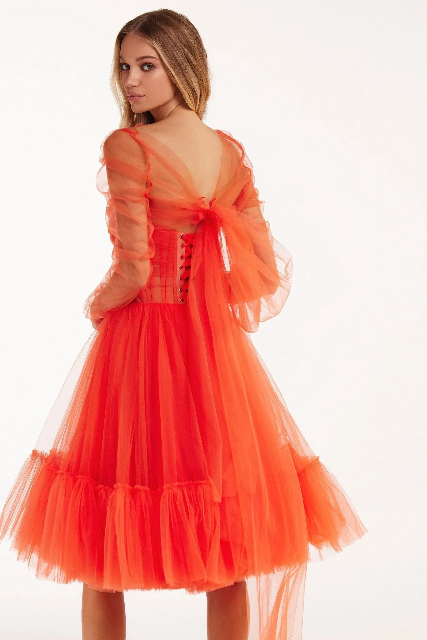 Passion Strapless Tulle mini dress in red coral color