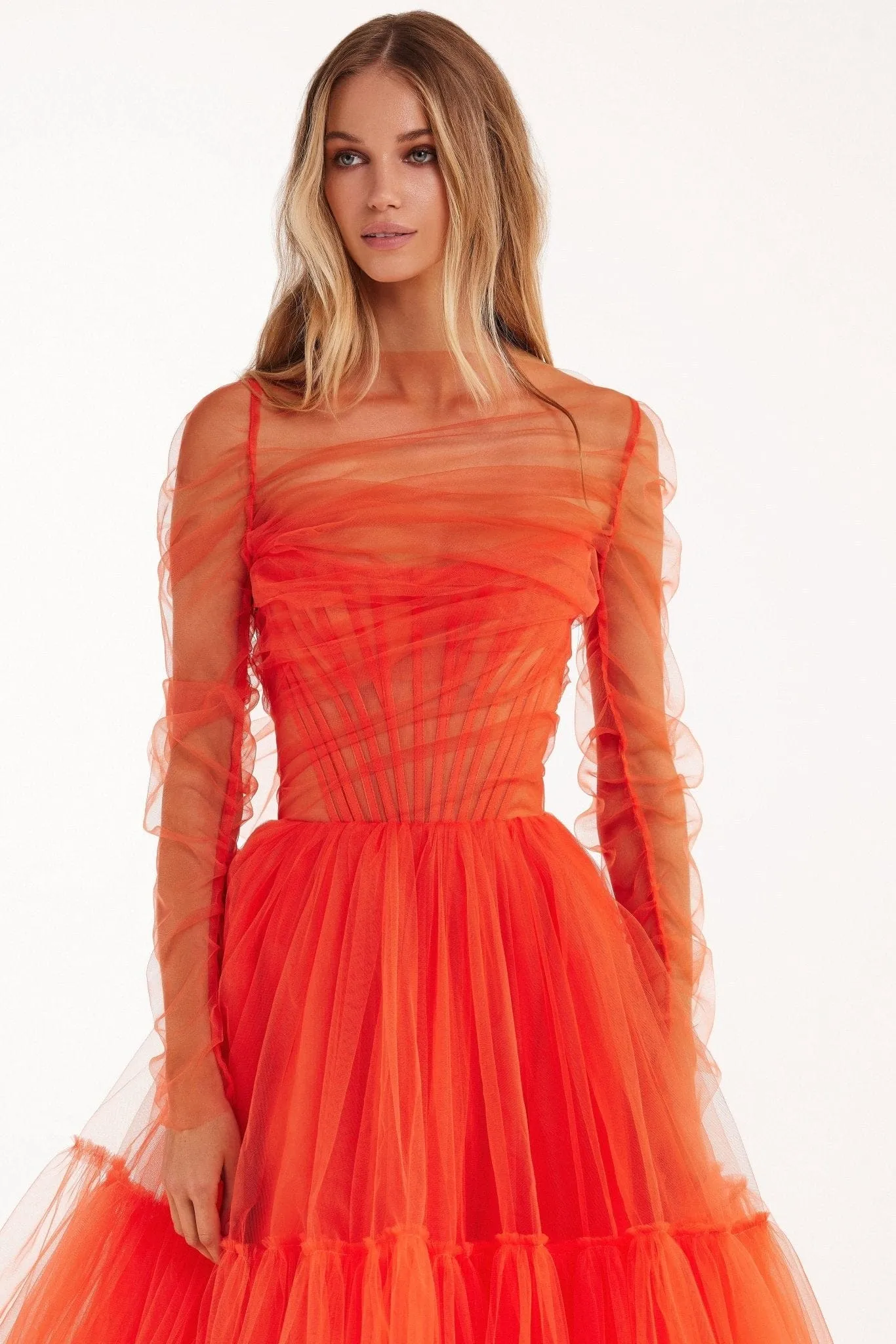 Passion Strapless Tulle mini dress in red coral color