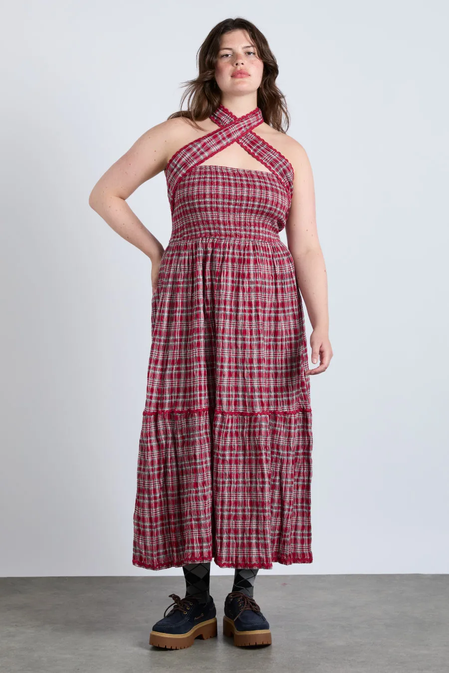 pia midi dress - red check