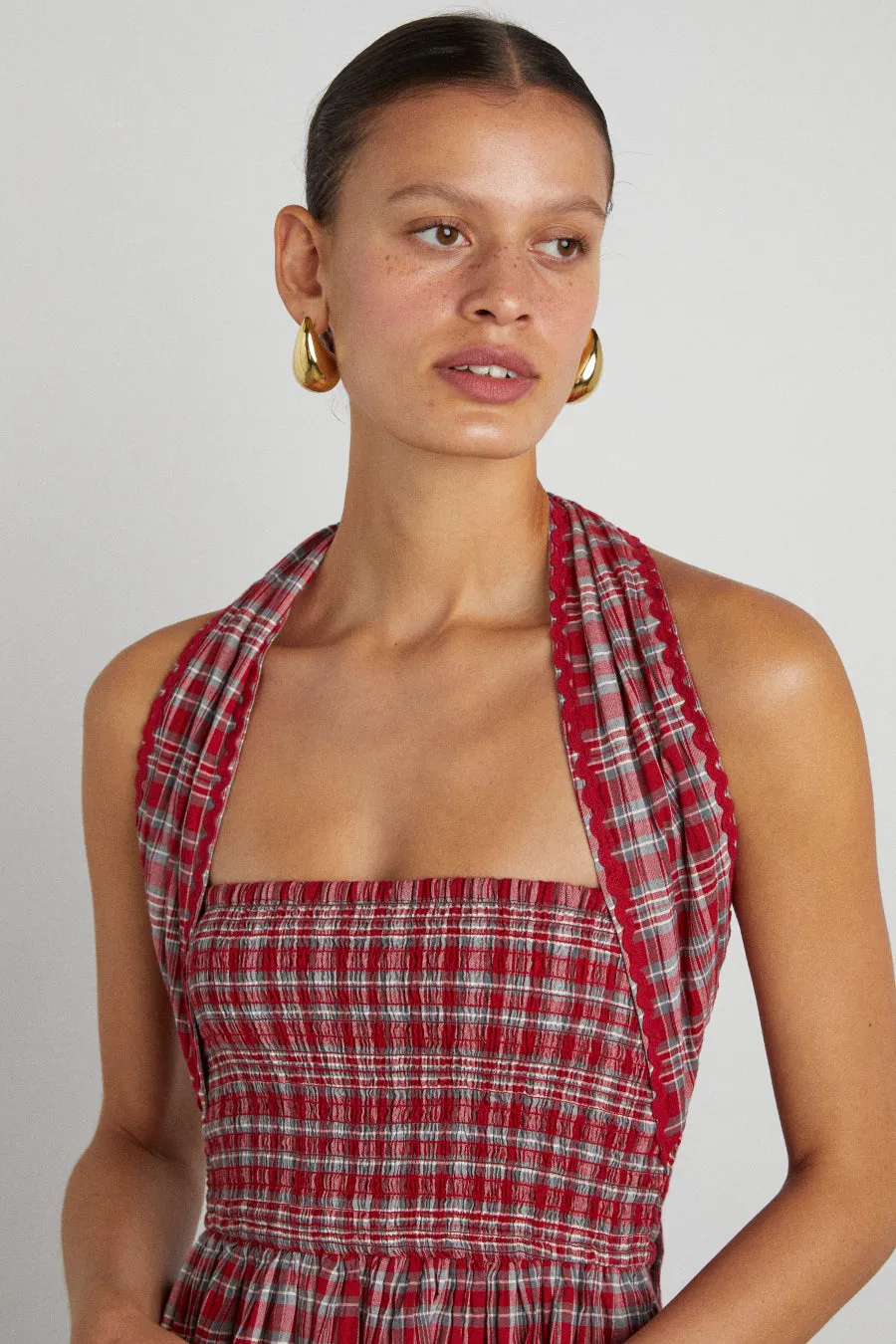 pia midi dress - red check