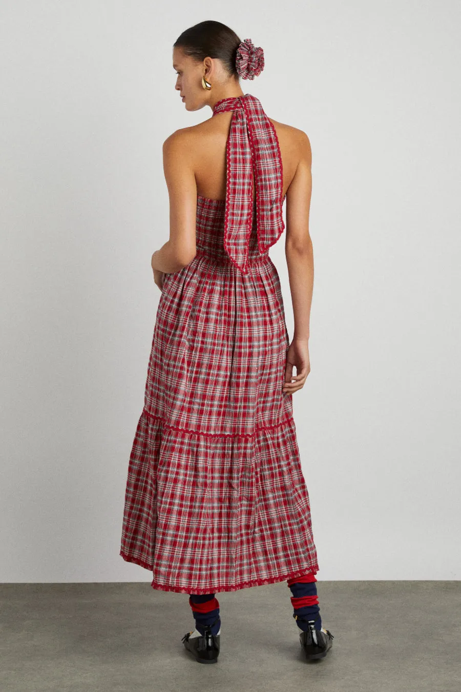 pia midi dress - red check