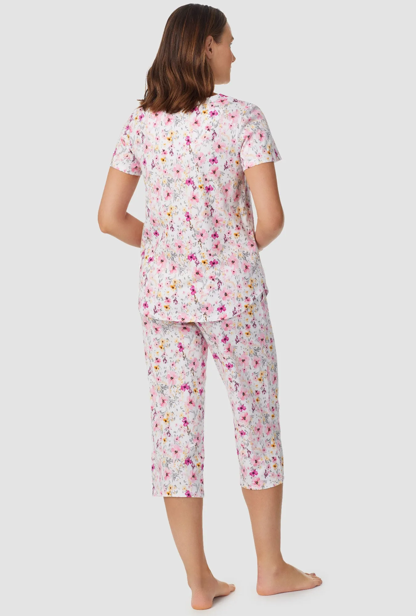 Pink and Magenta Floral Short Sleeve Capri Pant PJ Set