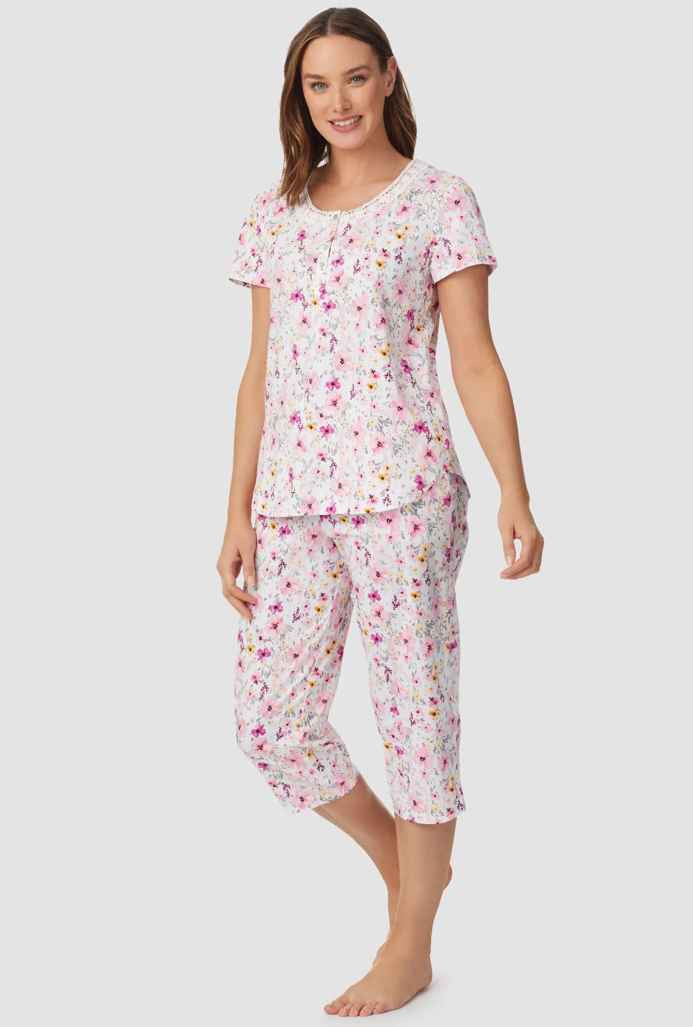 Pink and Magenta Floral Short Sleeve Capri Pant PJ Set