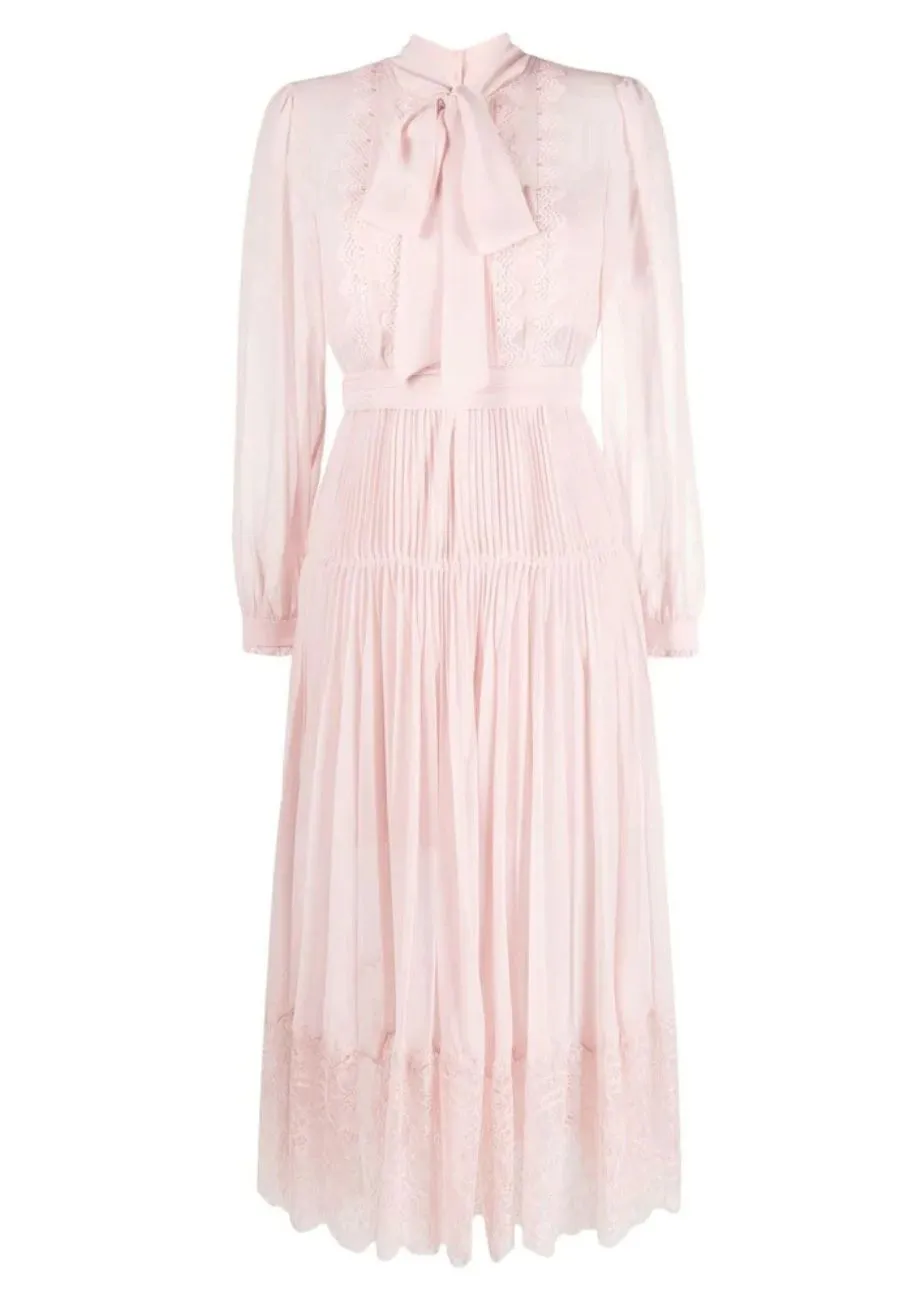 Pink Chiffon Lace-Trimmed Midi Dress