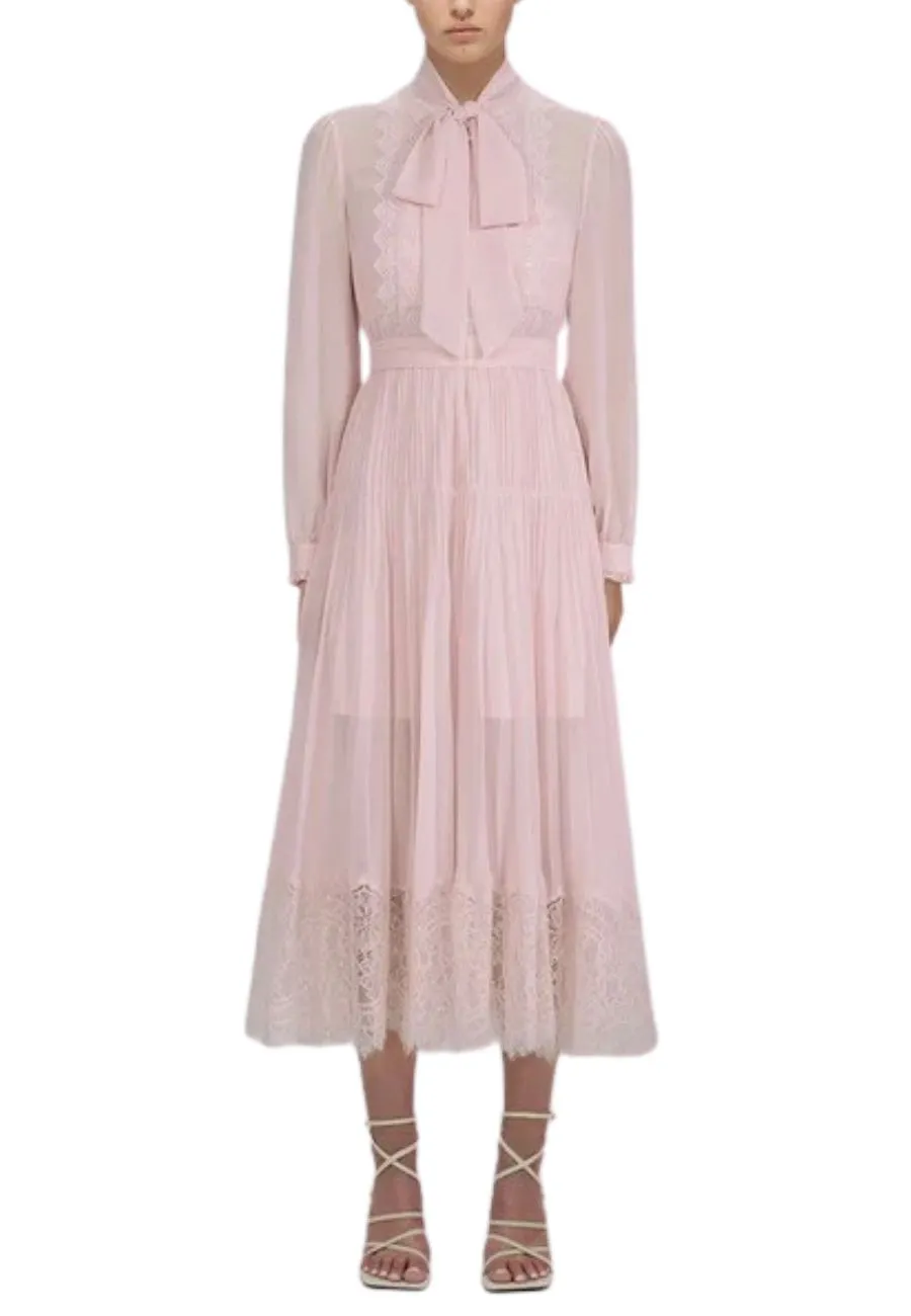 Pink Chiffon Lace-Trimmed Midi Dress