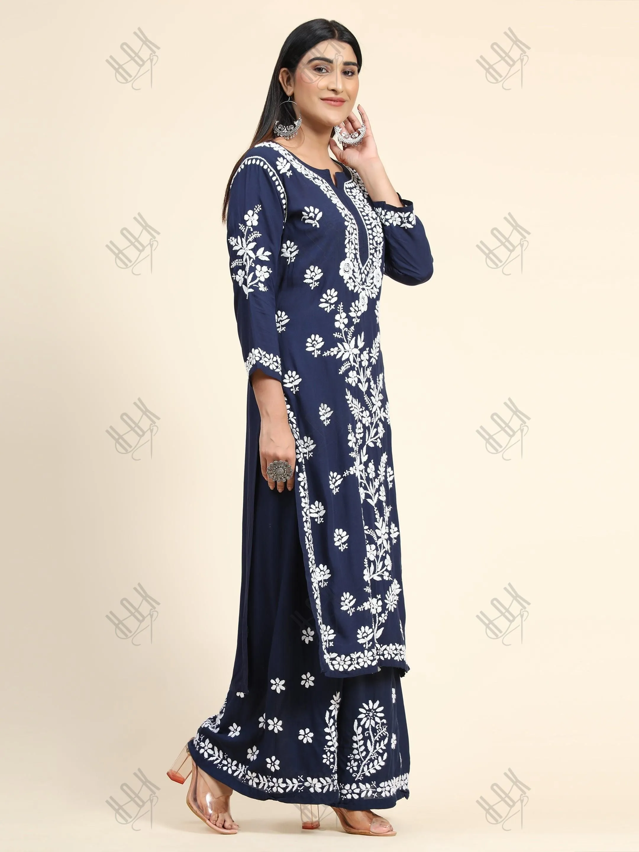 Premium Hand Embroidery Chikankari Co-Ord Set Blue