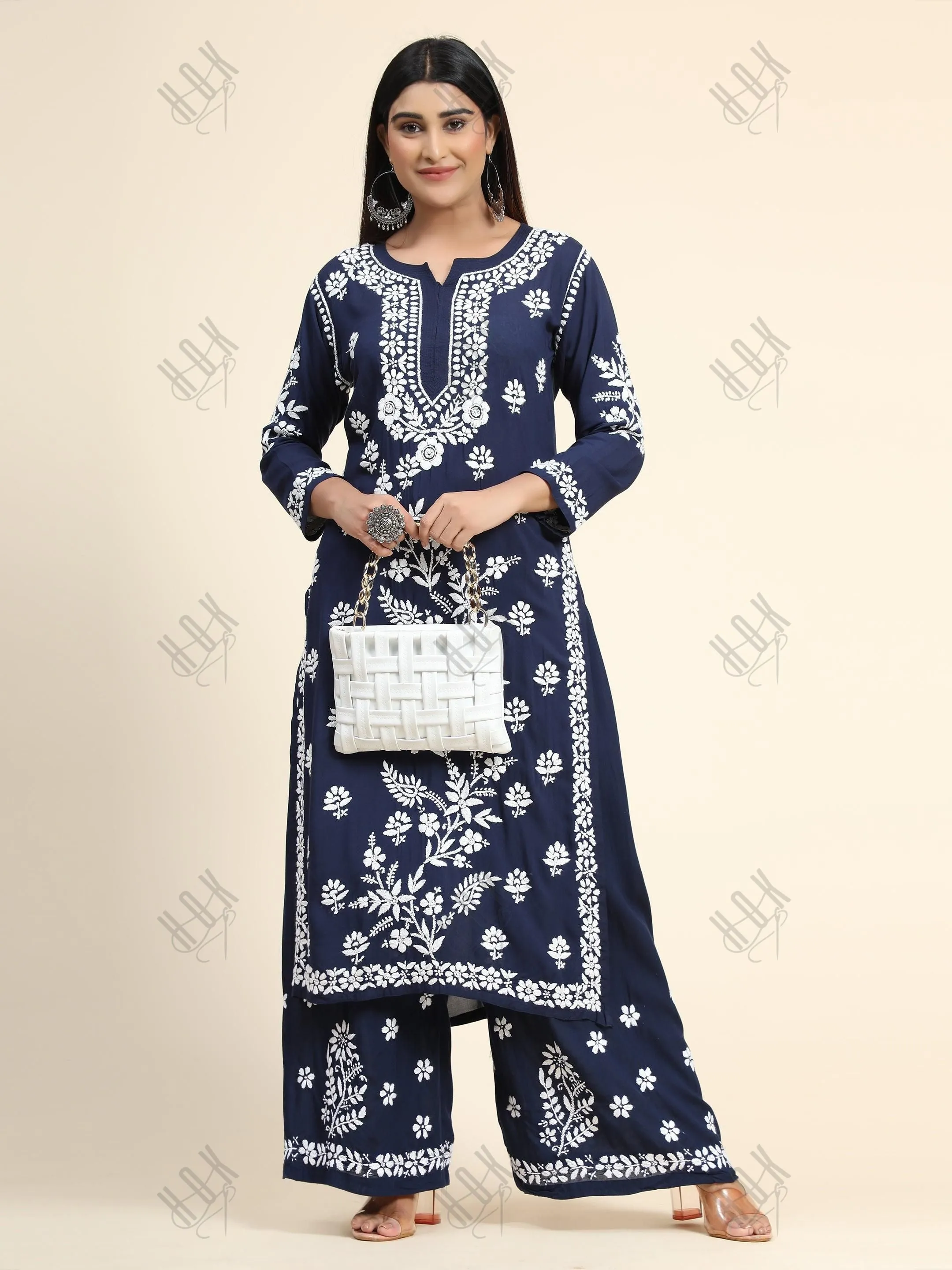 Premium Hand Embroidery Chikankari Co-Ord Set Blue