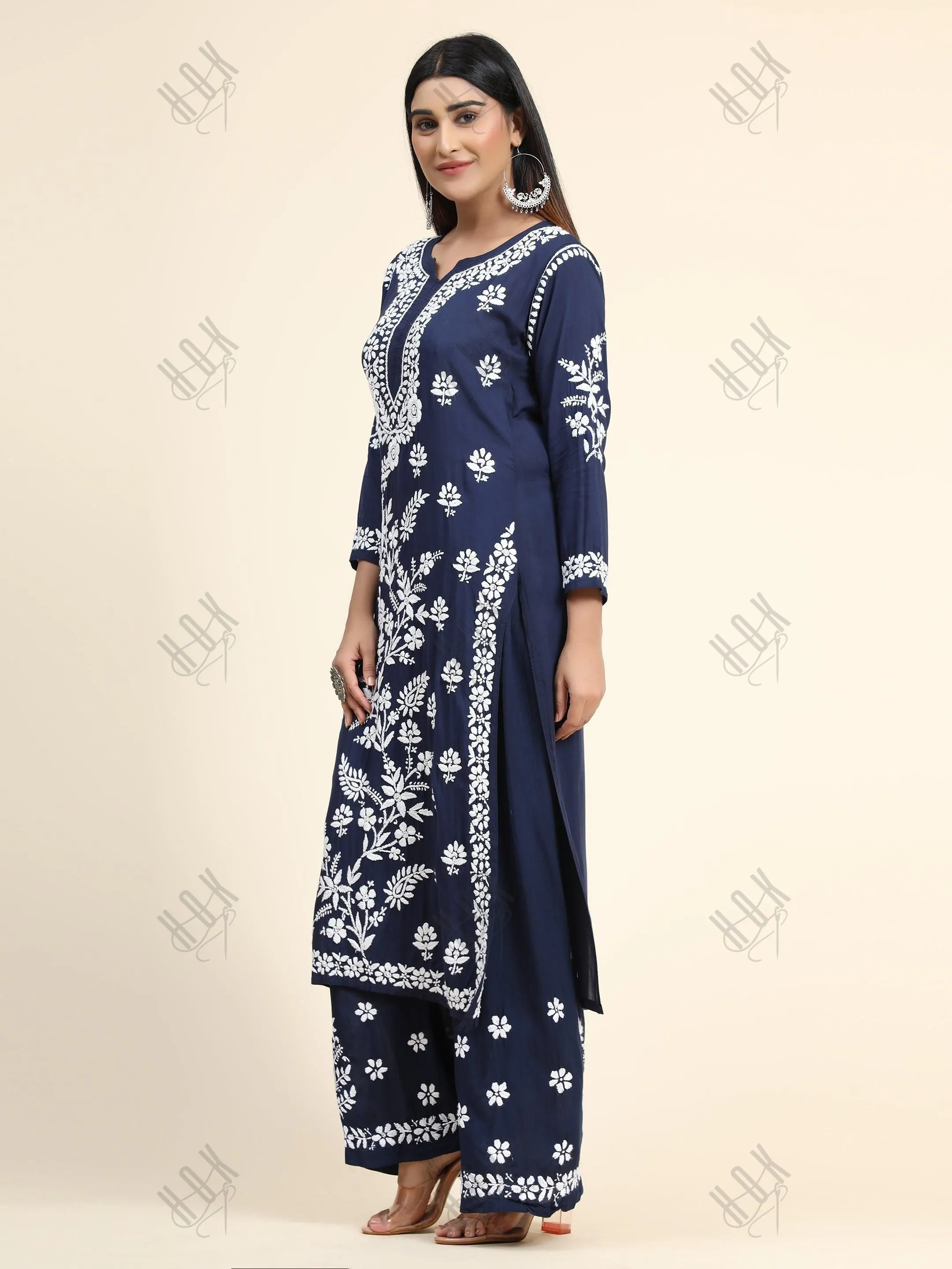 Premium Hand Embroidery Chikankari Co-Ord Set Blue