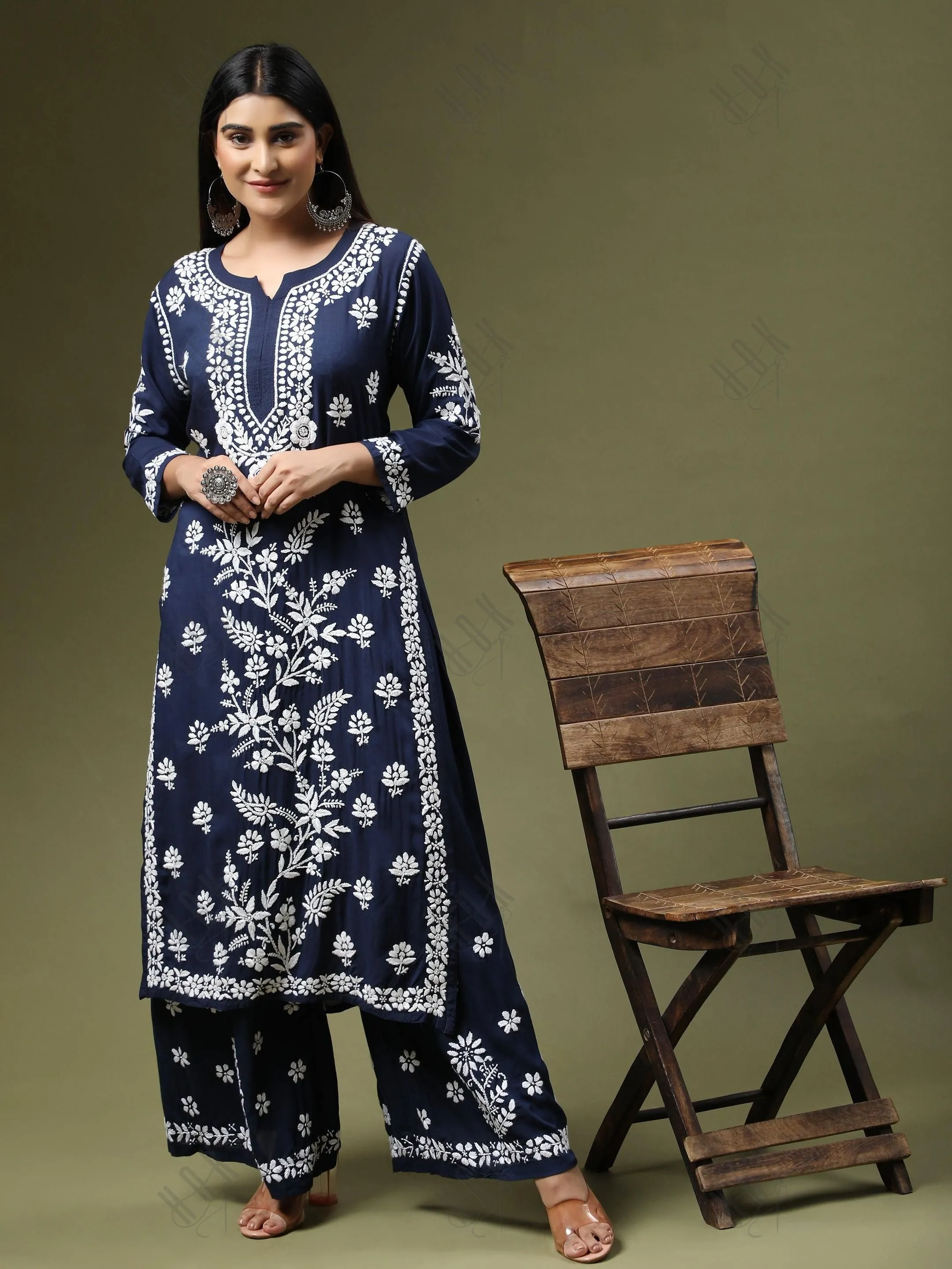 Premium Hand Embroidery Chikankari Co-Ord Set Blue