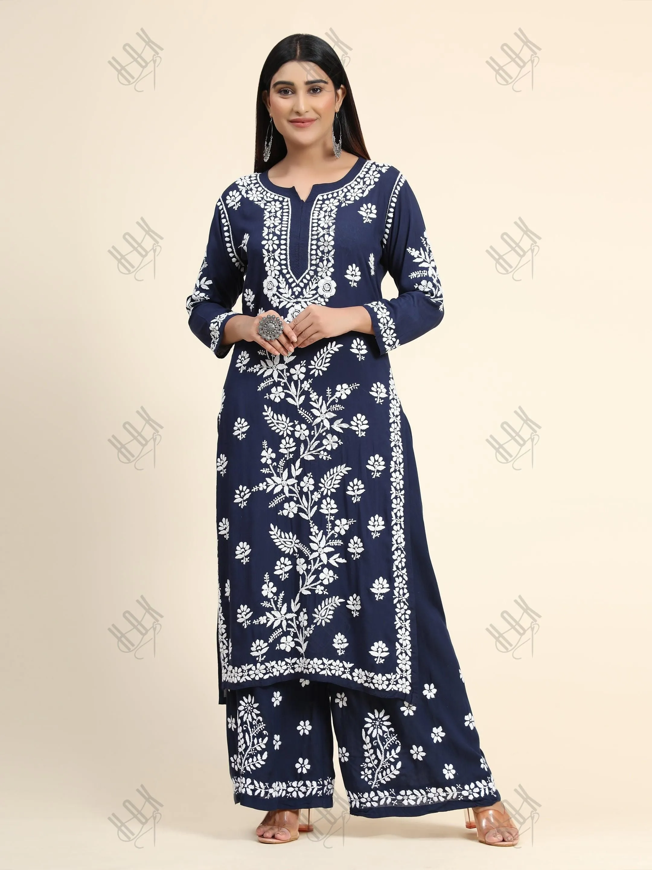 Premium Hand Embroidery Chikankari Co-Ord Set Blue