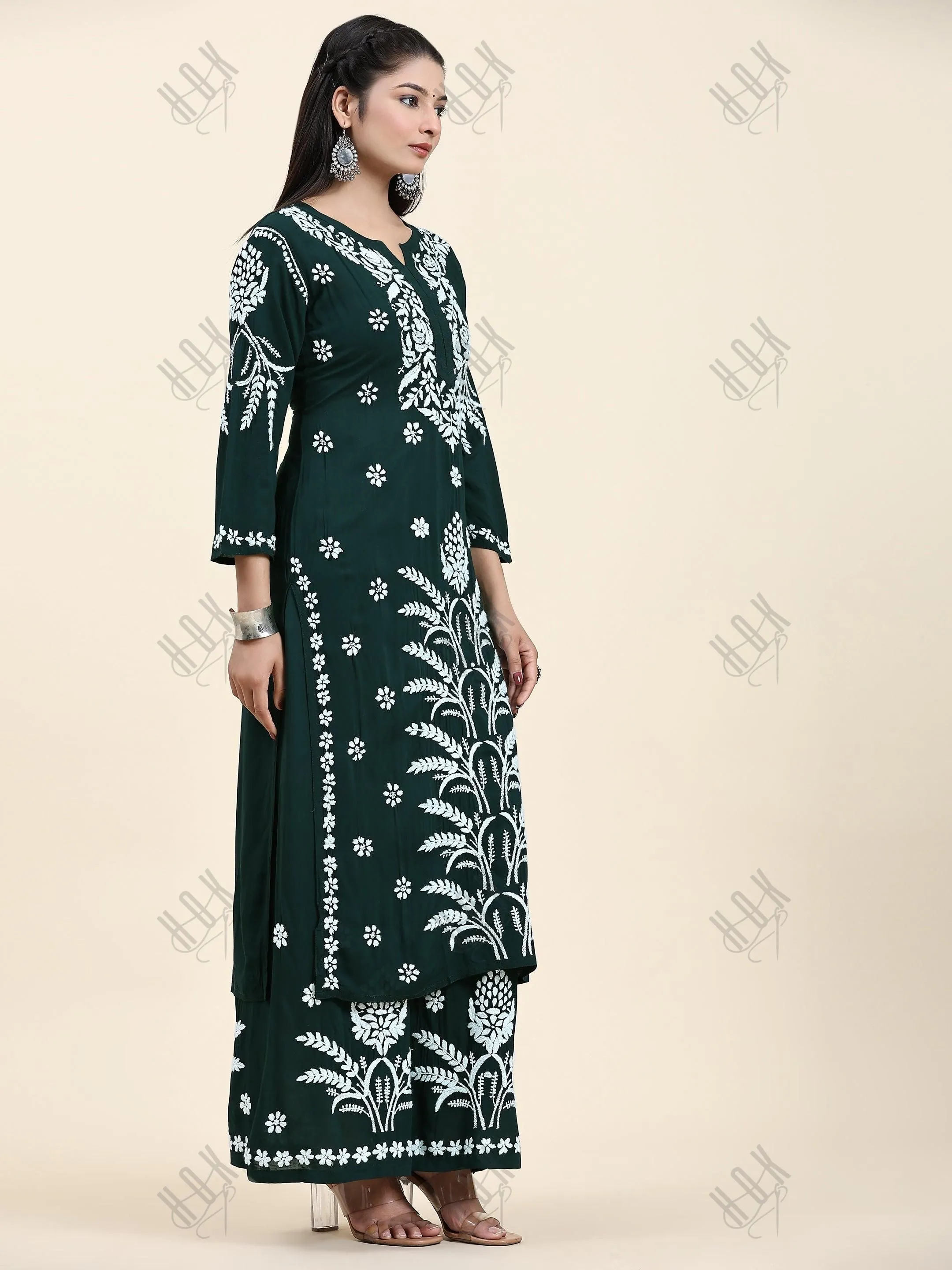 Priety in Chikankari CO-ORD Set In Modal Cotton for Women In Green