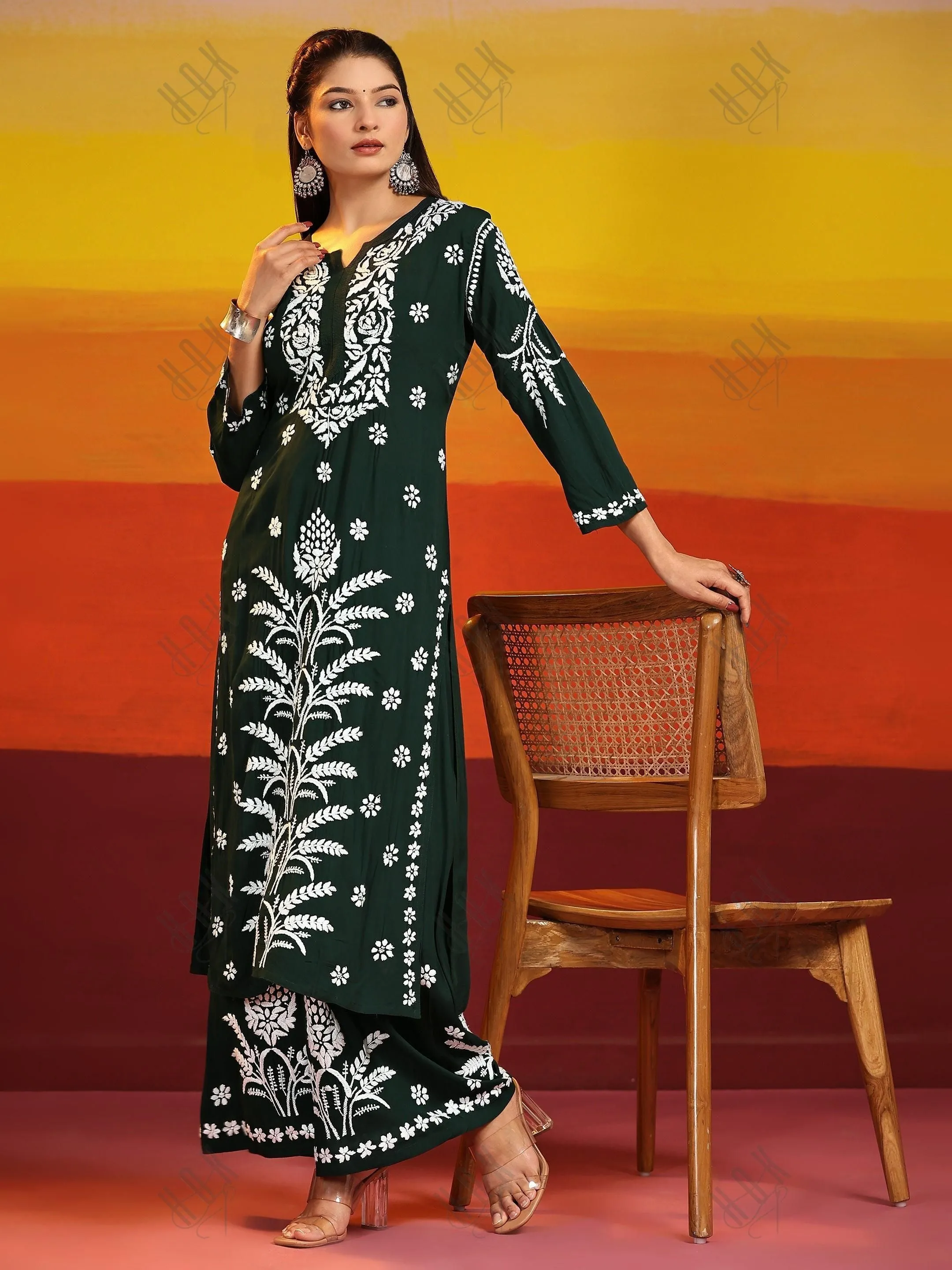 Priety in Chikankari CO-ORD Set In Modal Cotton for Women In Green