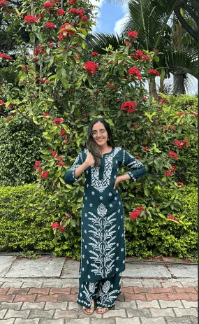 Priety in Chikankari CO-ORD Set In Modal Cotton for Women In Green